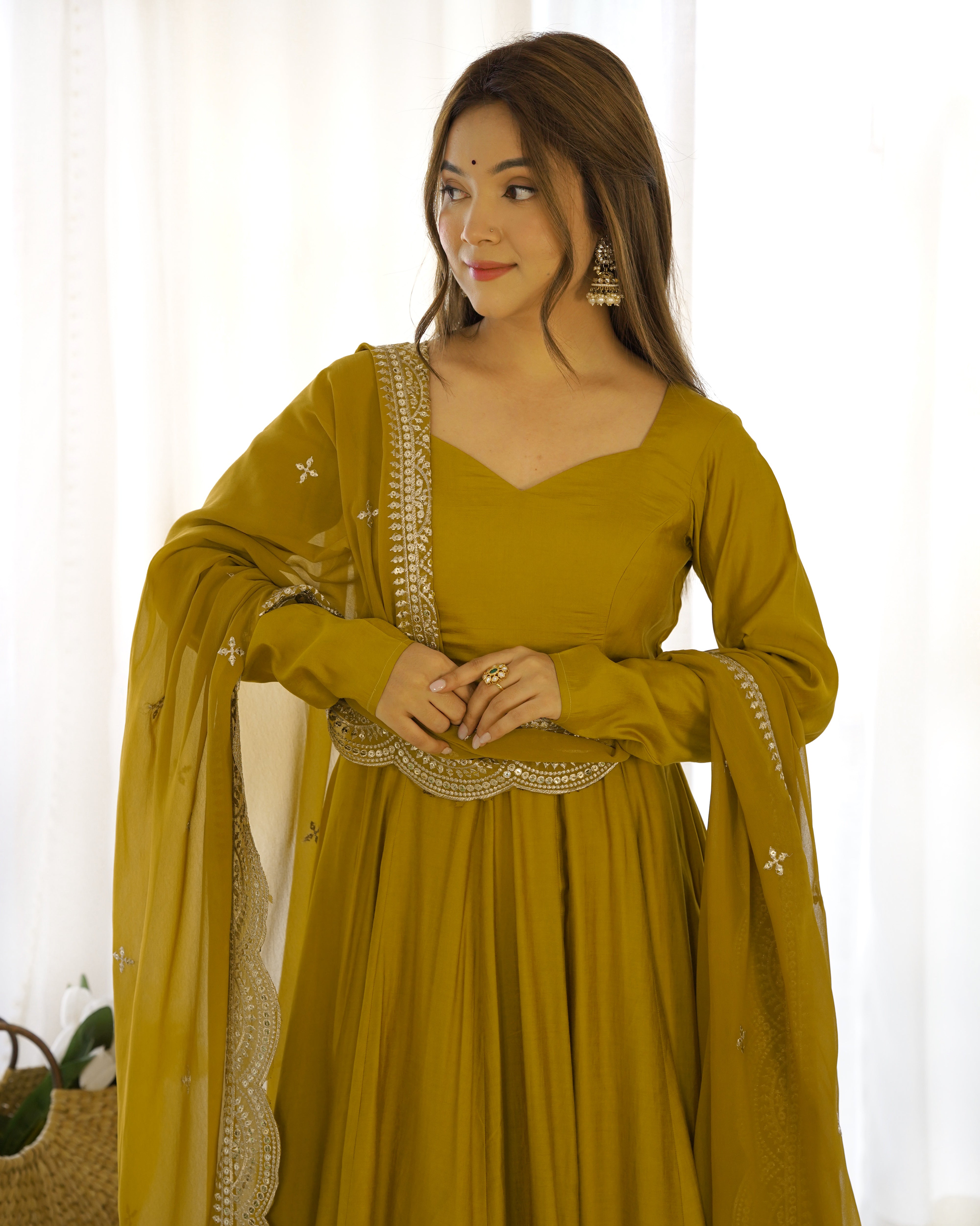 Exquisite Pure Romansilk Chanderi Designer Anarkali Pant Suit