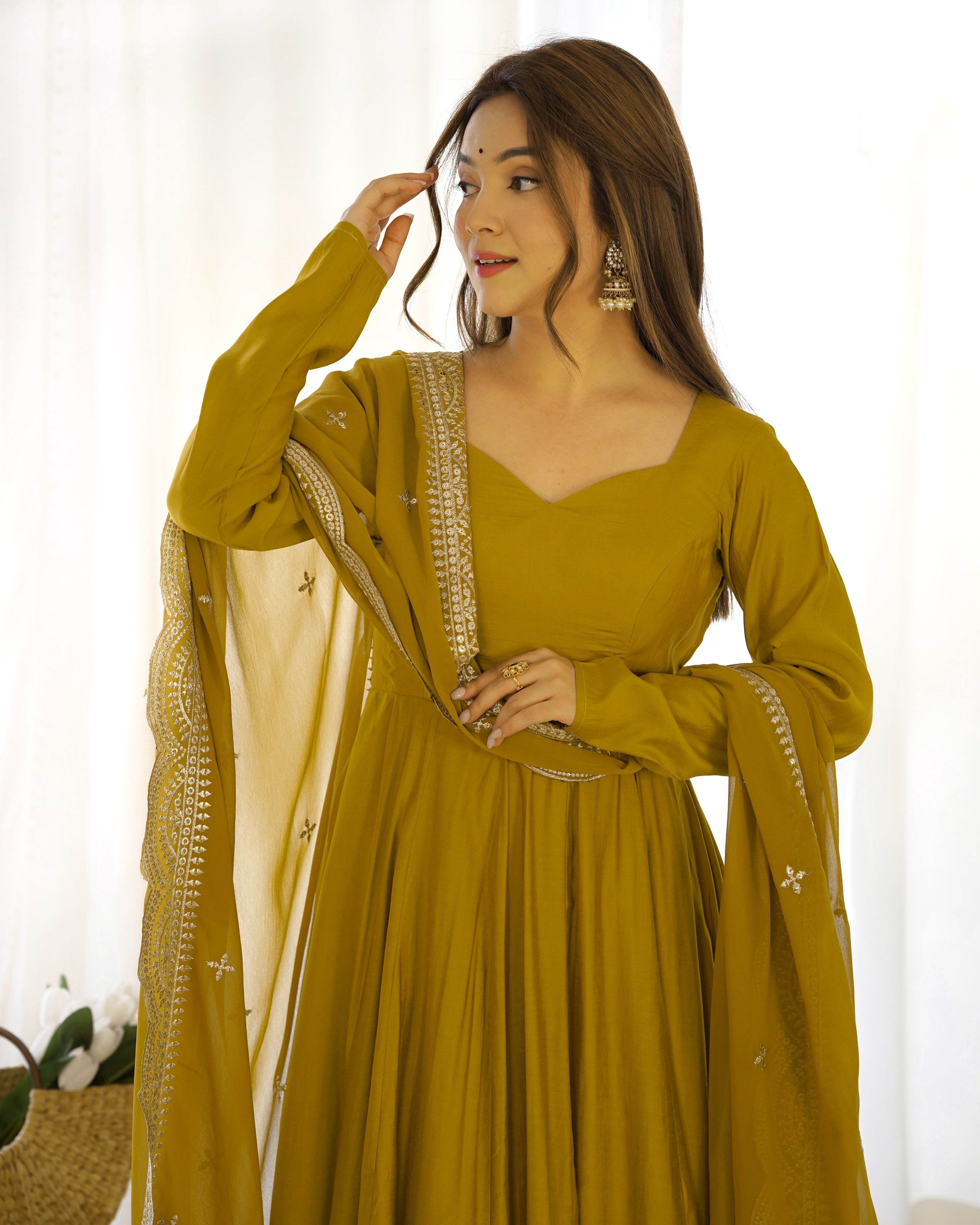 Exquisite Pure Romansilk Chanderi Designer Anarkali Pant Suit