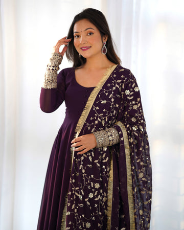 Wine Faux Georgette Anarkali Gown with Dupatta
