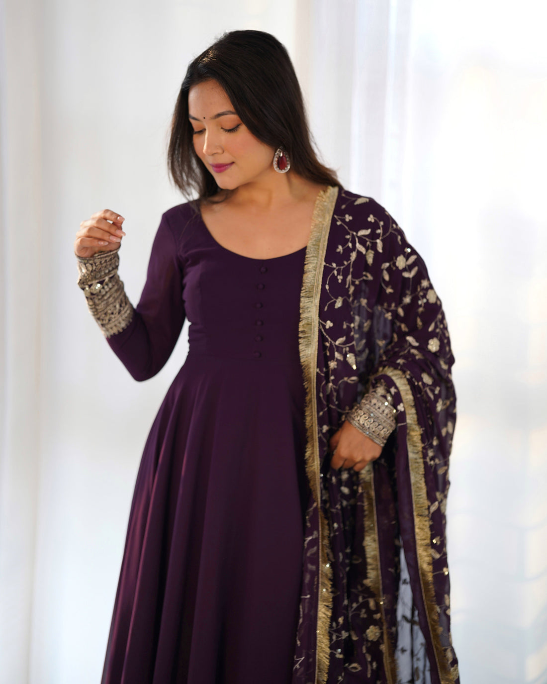 Wine Faux Georgette Anarkali Gown with Dupatta