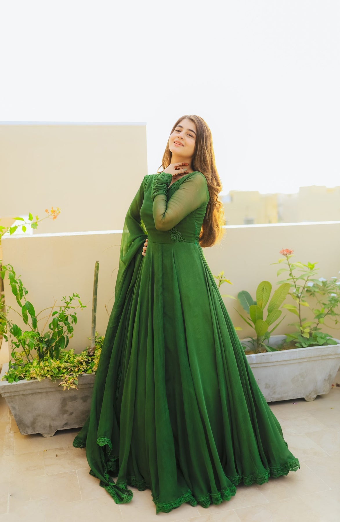 Green Long Flair Anarkali With Dupatta