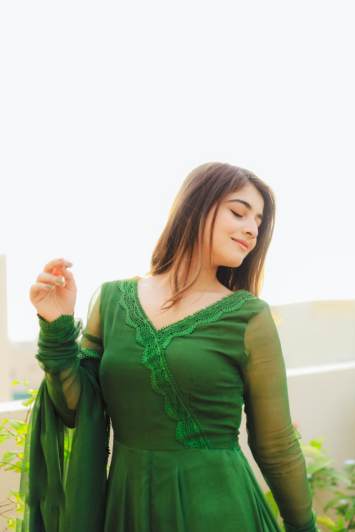 Green Long Flair Anarkali With Dupatta