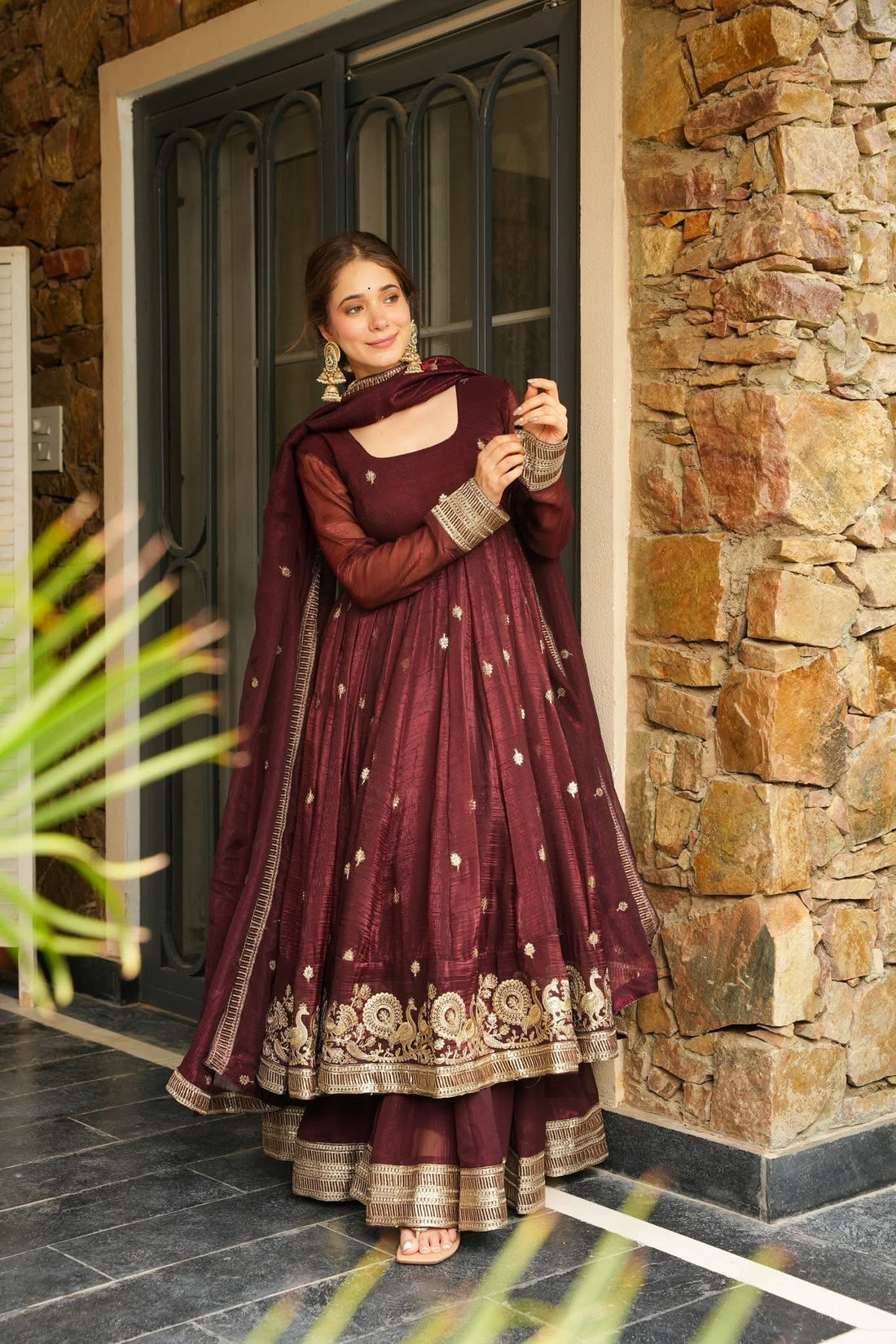 Maroon Shimmer Silk Anarkali Suit Set