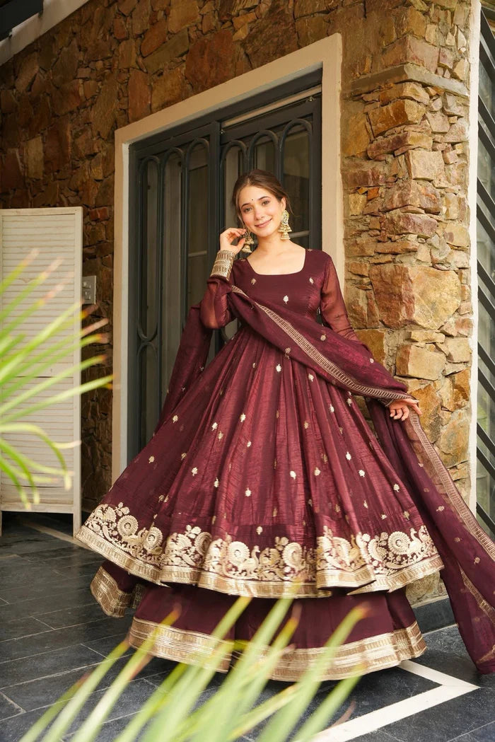 Azira Rama And Maroon Color Premium Anarkali Suit Set [Sleeves Fabric Attached]