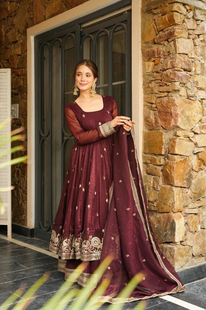 Azira Rama And Maroon Color Premium Anarkali Suit Set [Sleeves Fabric Attached]