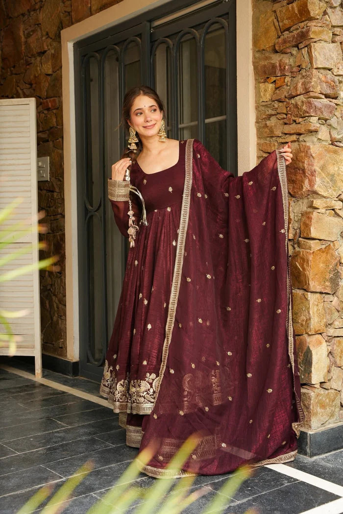 Azira Rama And Maroon Color Premium Anarkali Suit Set [Sleeves Fabric Attached]
