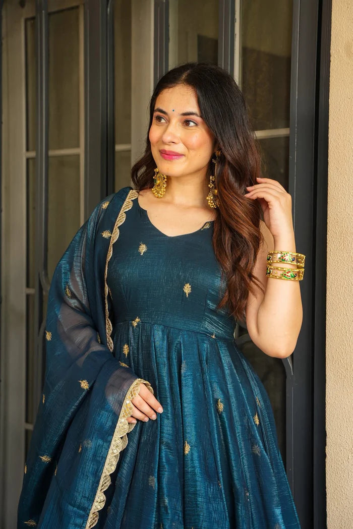 Azira Rama And Maroon Color Premium Anarkali Suit Set [Sleeves Fabric Attached]