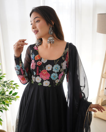 Black Handwork Organza Silk Anarkali Suit Set