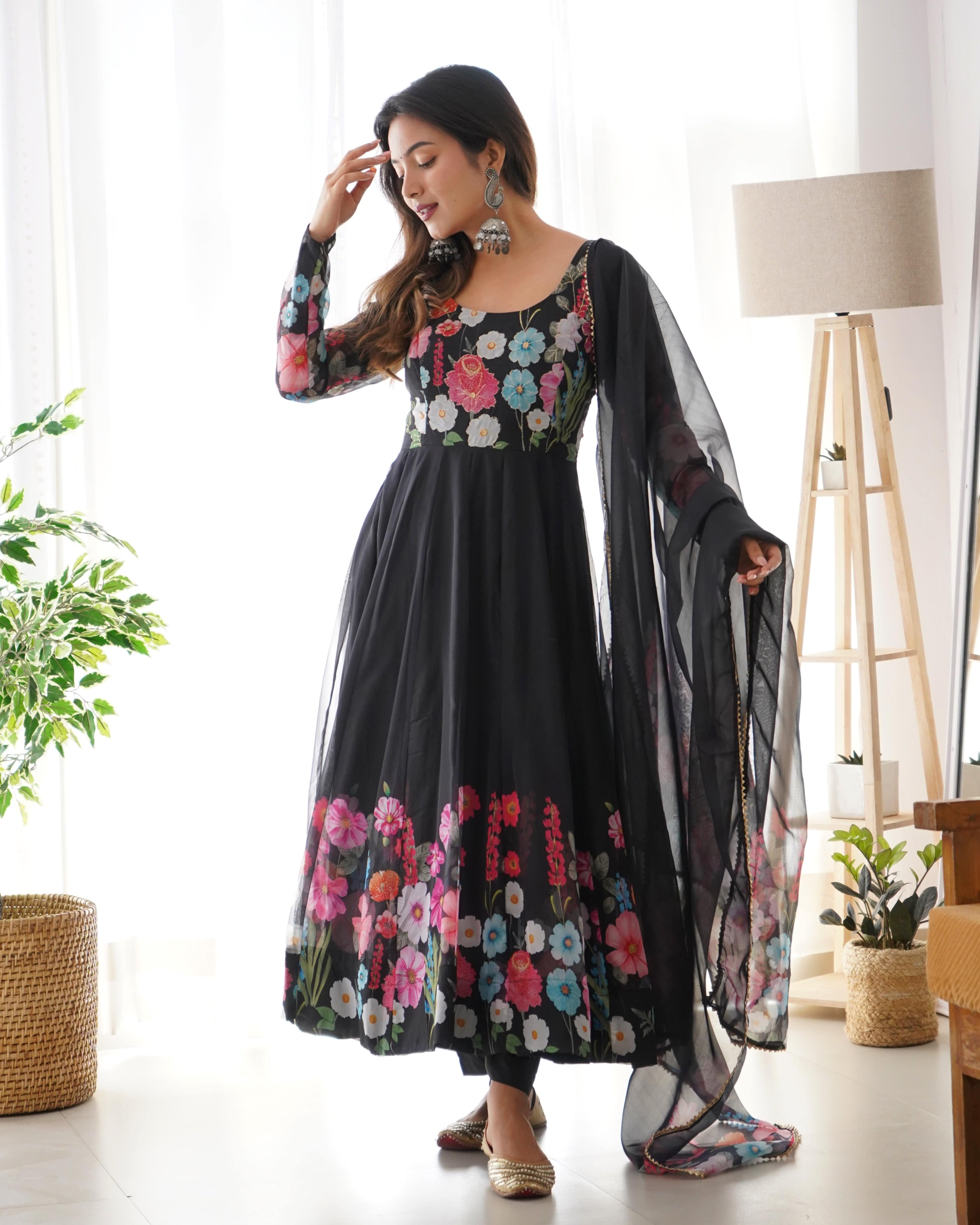 Breathtaking Organza Silk Floral Printed Designer Anarkali Pant Suit