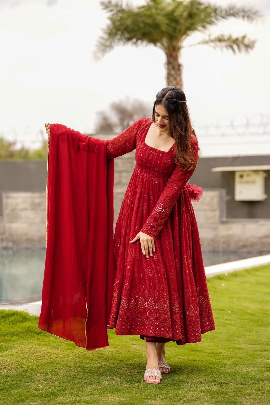 Red Embroidered Georgette Anarkali Suit Set