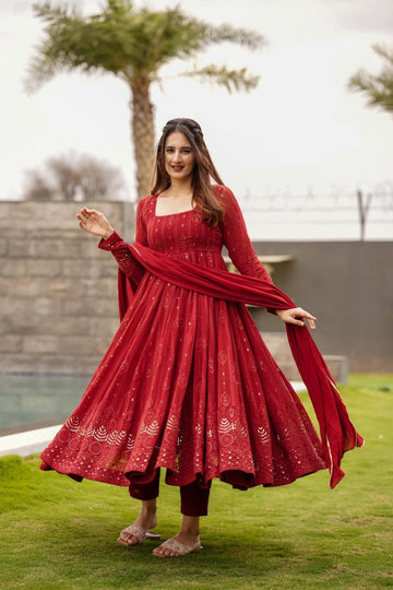 Red Embroidered Georgette Anarkali Suit Set