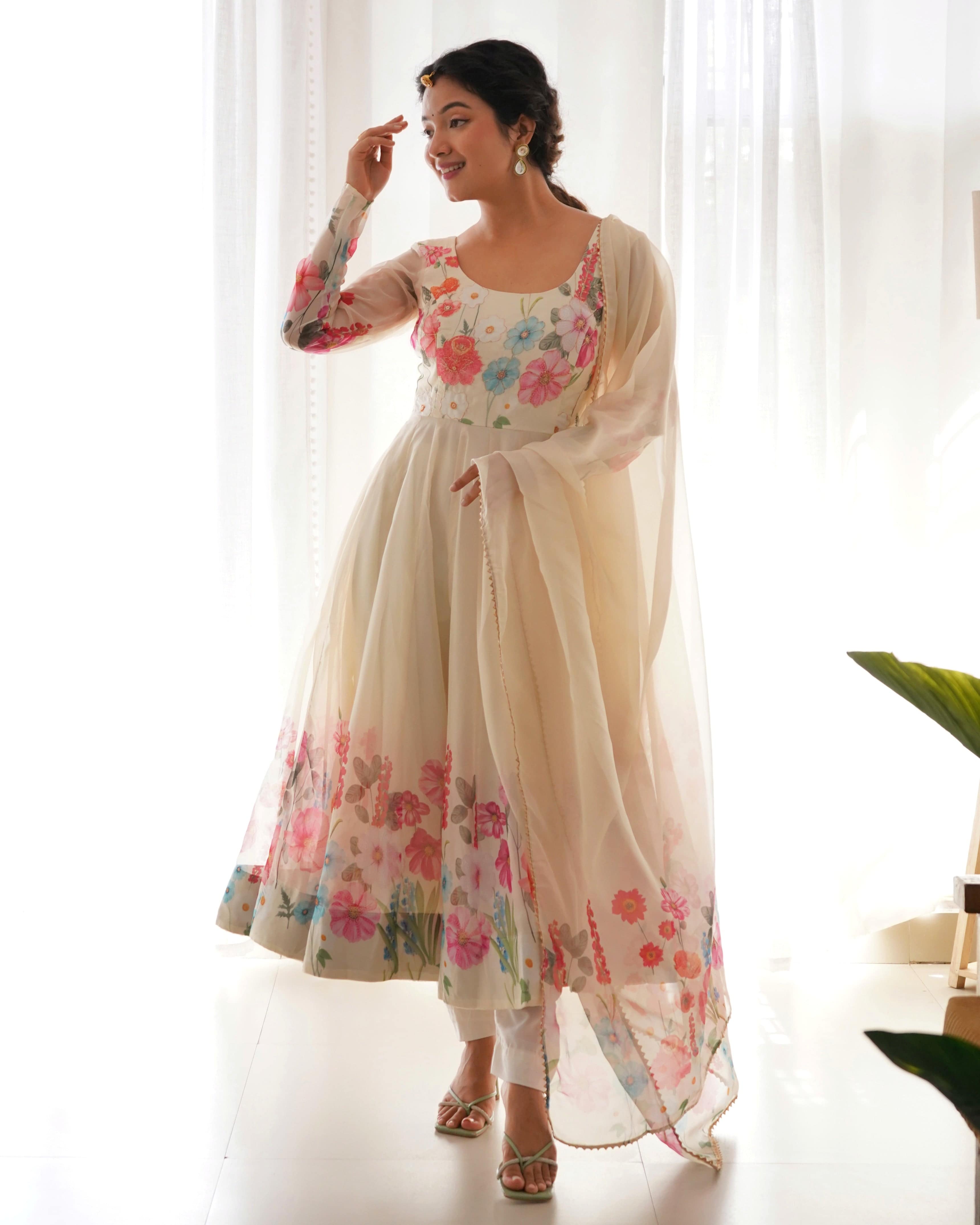Breathtaking Organza Silk Floral Printed Designer Anarkali Pant Suit
