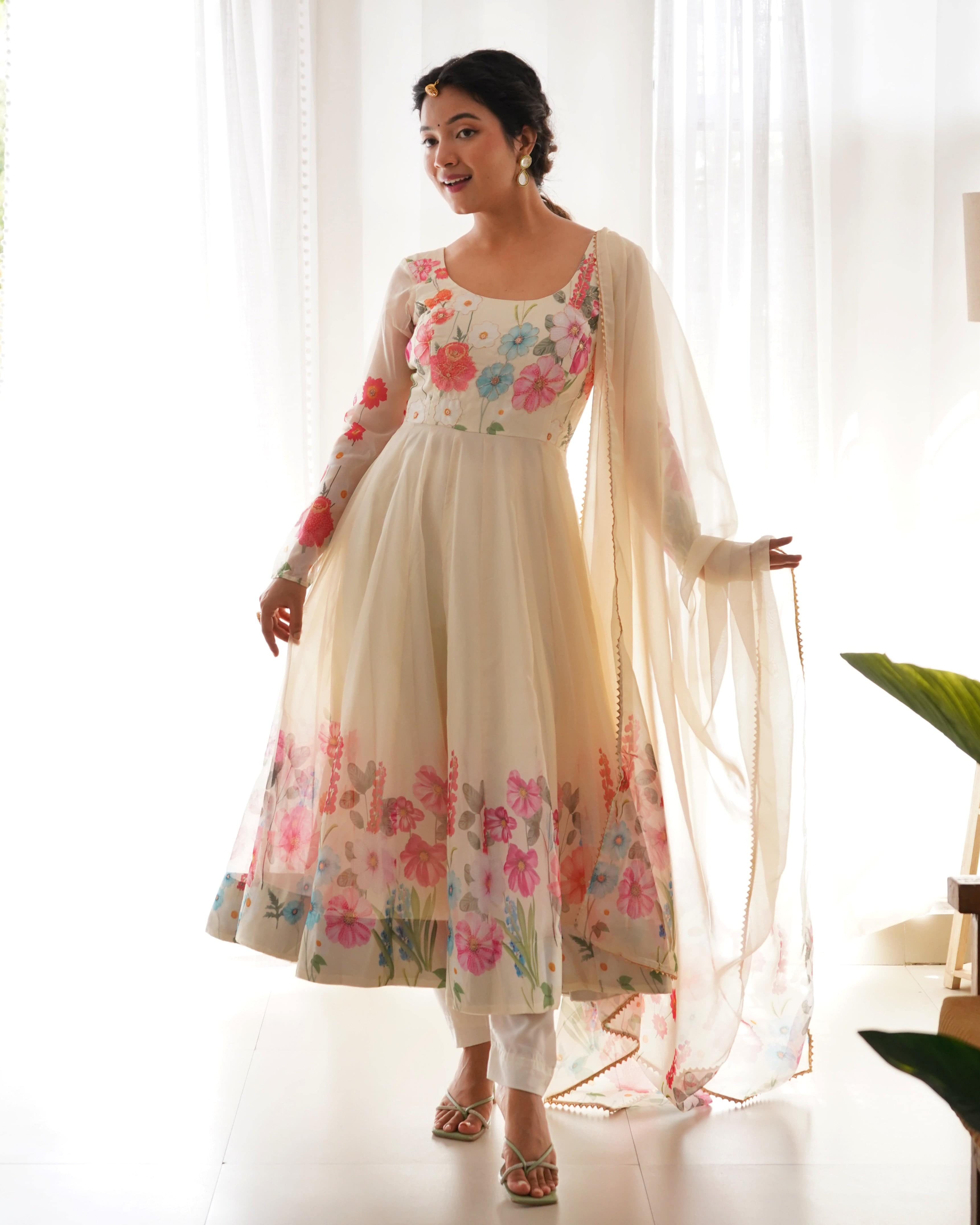 Breathtaking Organza Silk Floral Printed Designer Anarkali Pant Suit