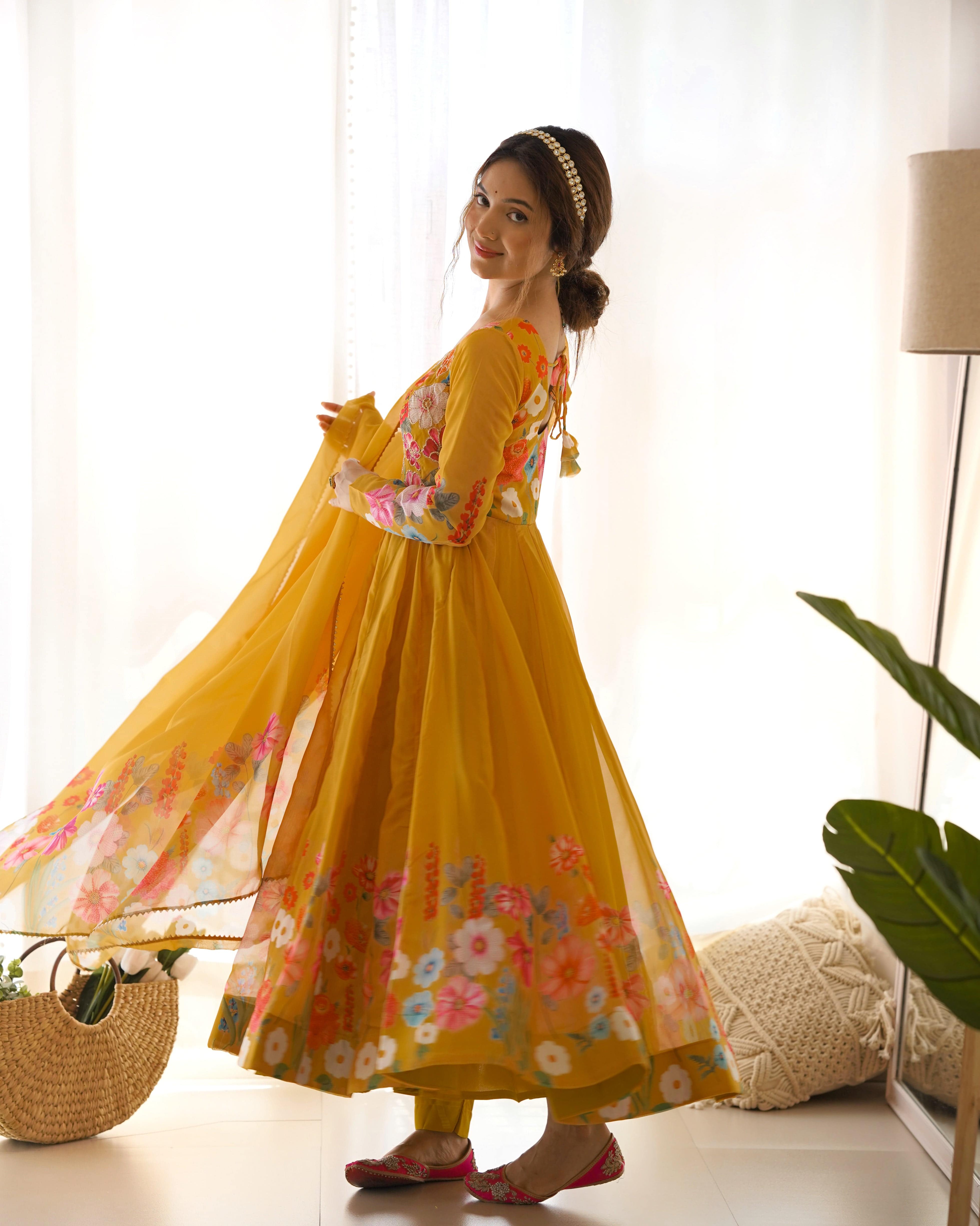 Breathtaking Organza Silk Floral Printed Designer Anarkali Pant Suit