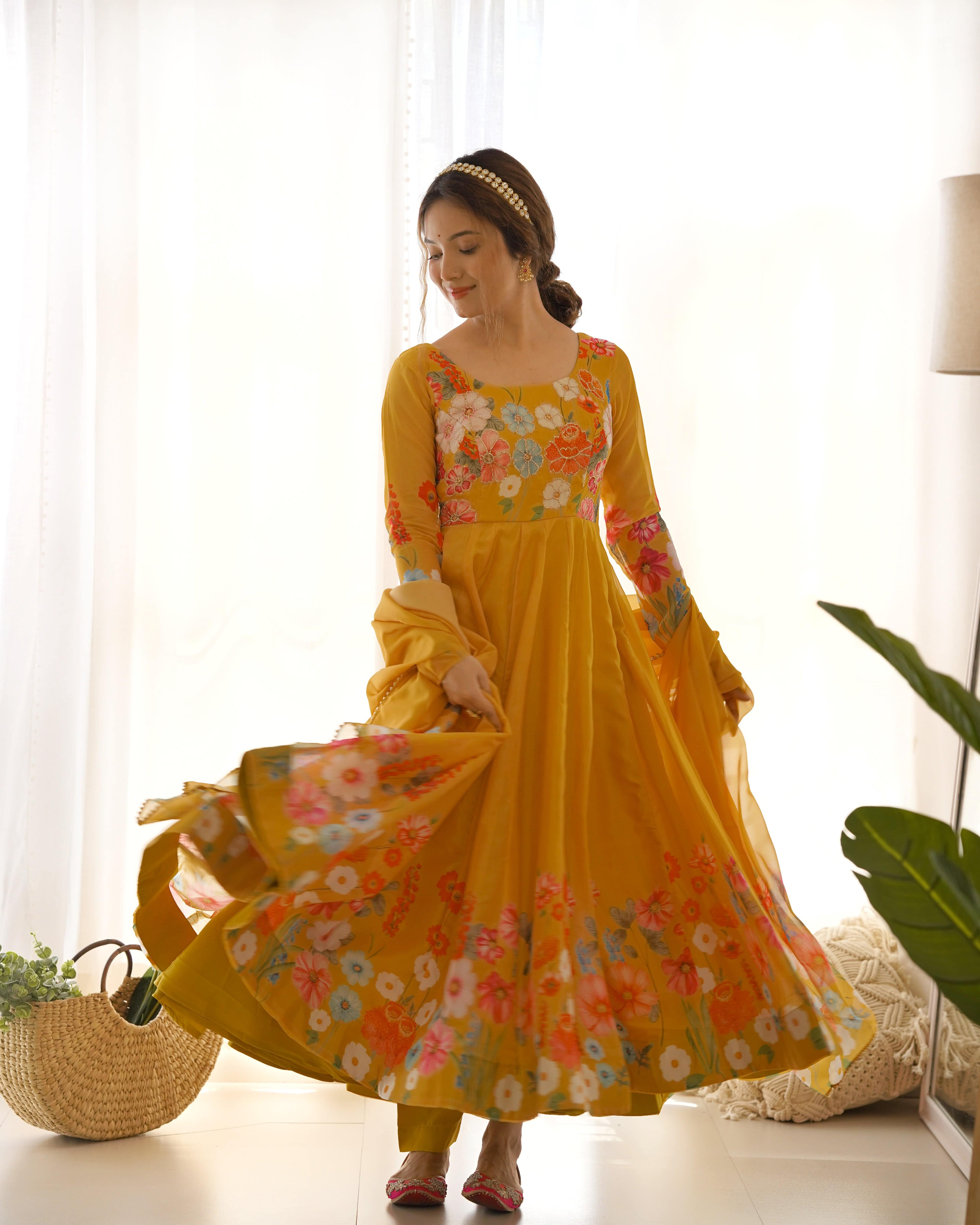 Breathtaking Organza Silk Floral Printed Designer Anarkali Pant Suit
