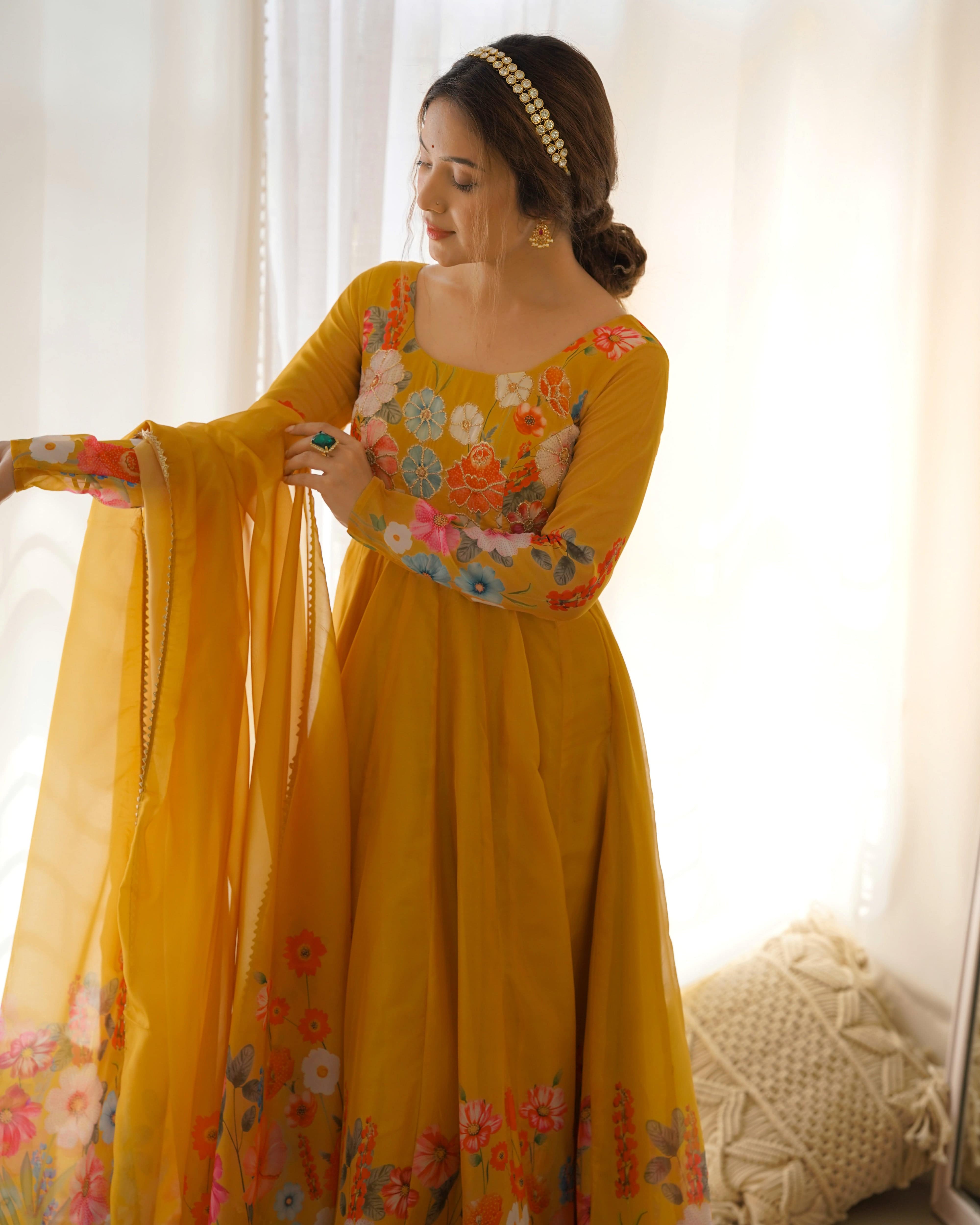 Breathtaking Organza Silk Floral Printed Designer Anarkali Pant Suit