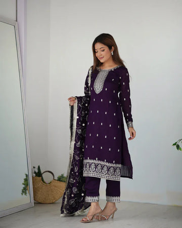 Wine Embroidered Silk Kurta Pant Set with Dupatta