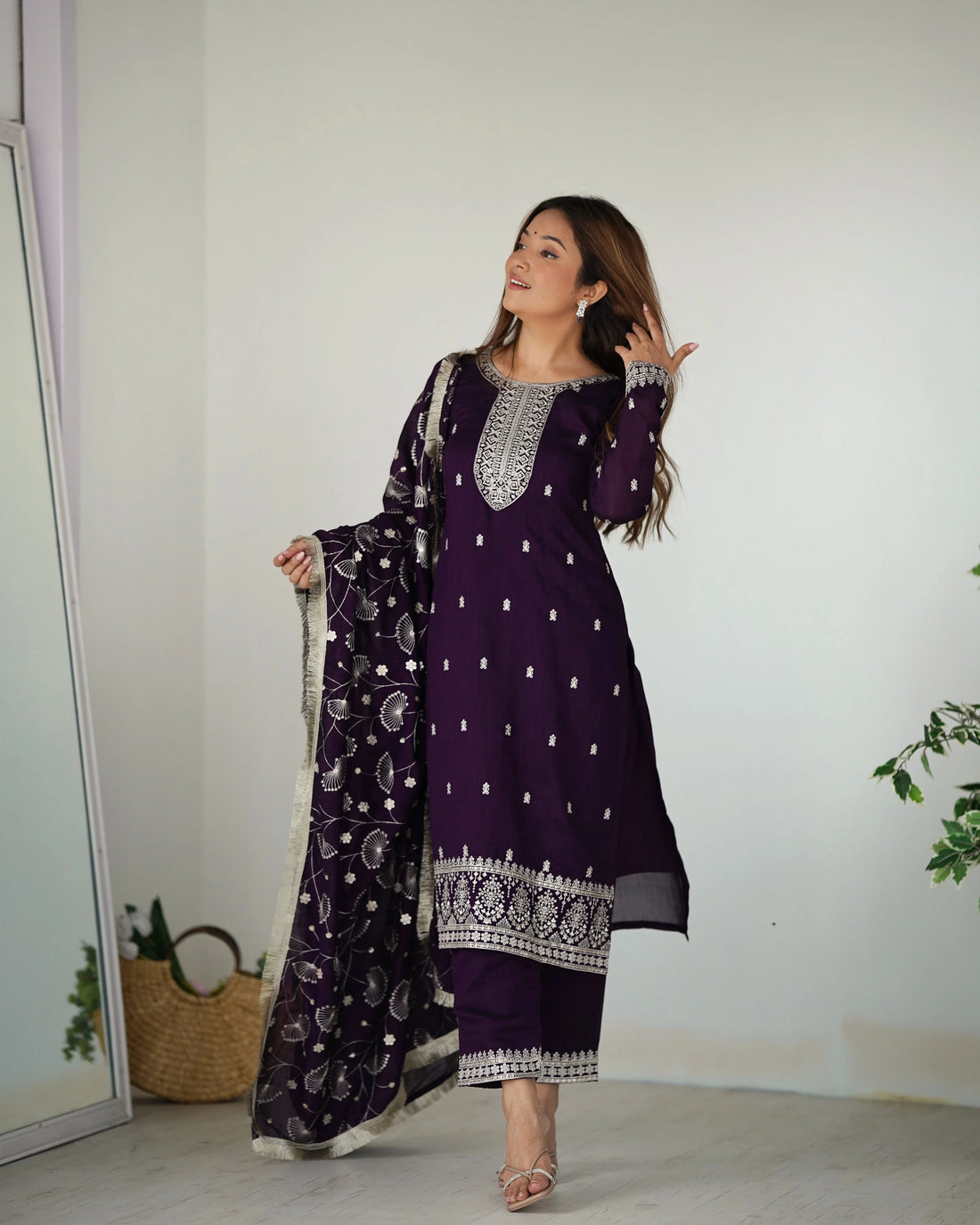 Wine Embroidered Silk Kurta Pant Set with Dupatta