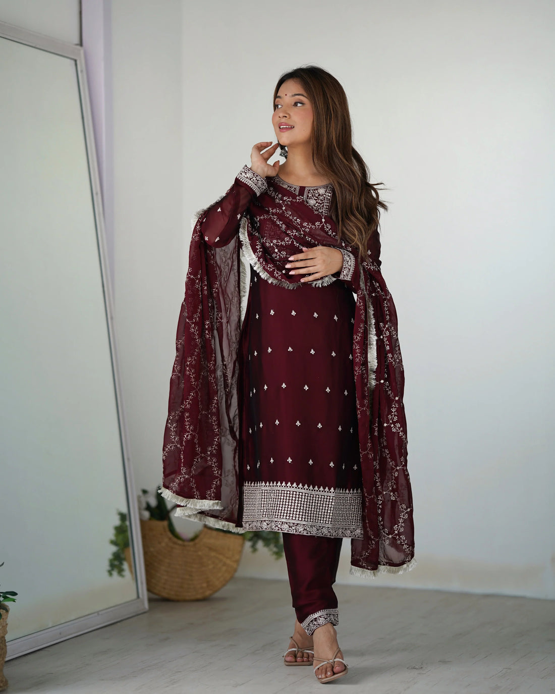Dark Maroon Embroidered Silk Kurta Pant Set with Dupatta