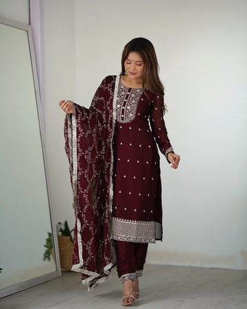 Dark Maroon Embroidered Silk Kurta Pant Set with Dupatta
