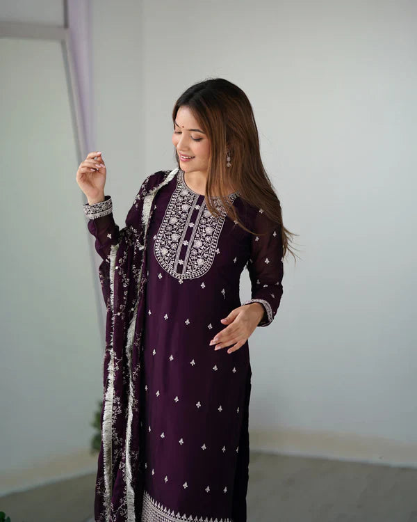 Royal Purple Embroidered Silk Kurta Pant Set with Dupatta