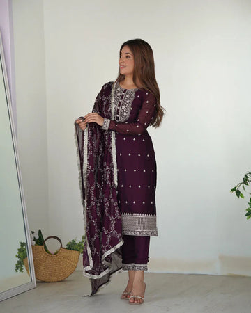 Royal Purple Embroidered Silk Kurta Pant Set with Dupatta