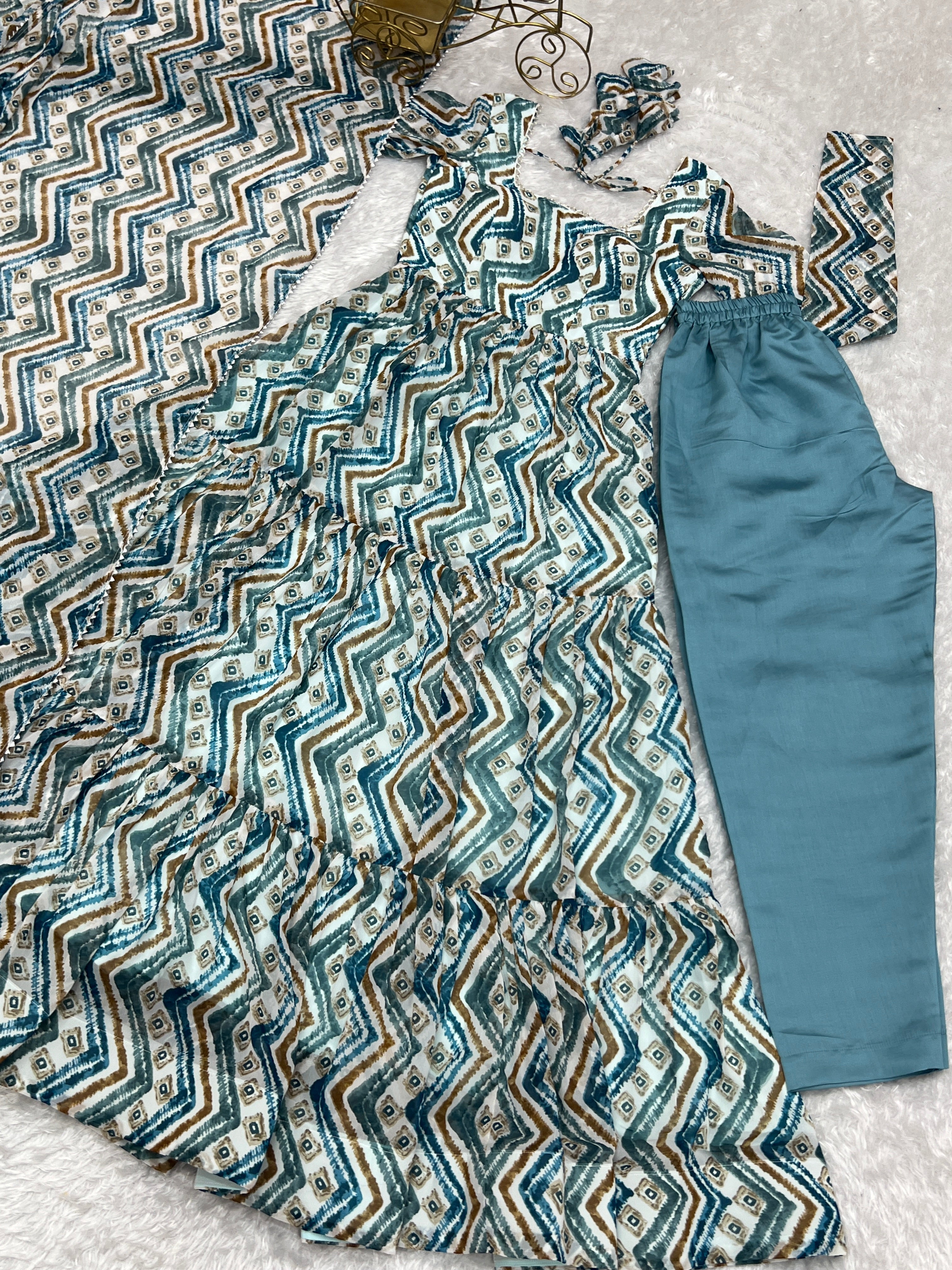 Resplendent Faux Georgette Zigzag Printed Anarkali Pant Suit