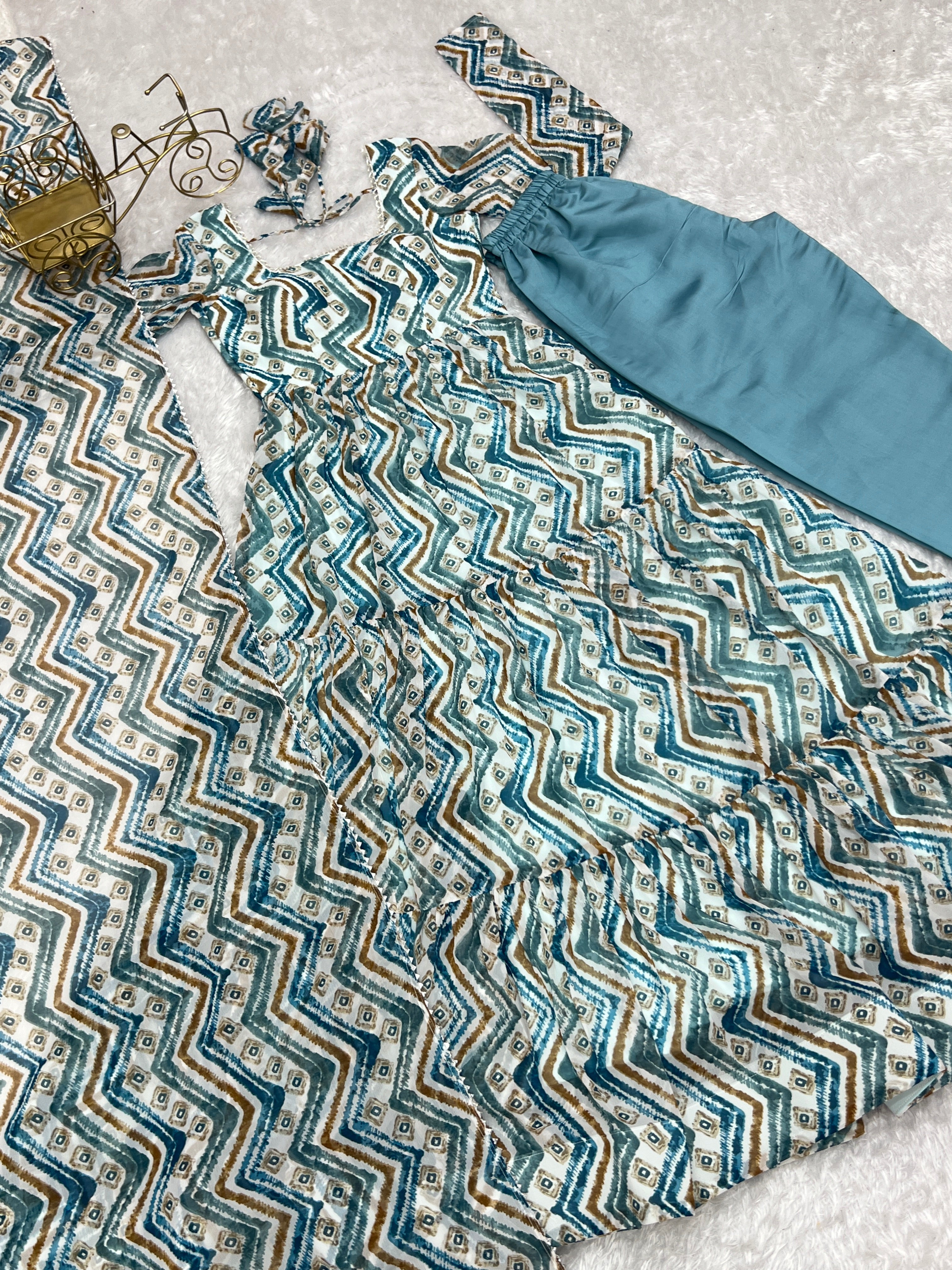 Resplendent Faux Georgette Zigzag Printed Anarkali Pant Suit