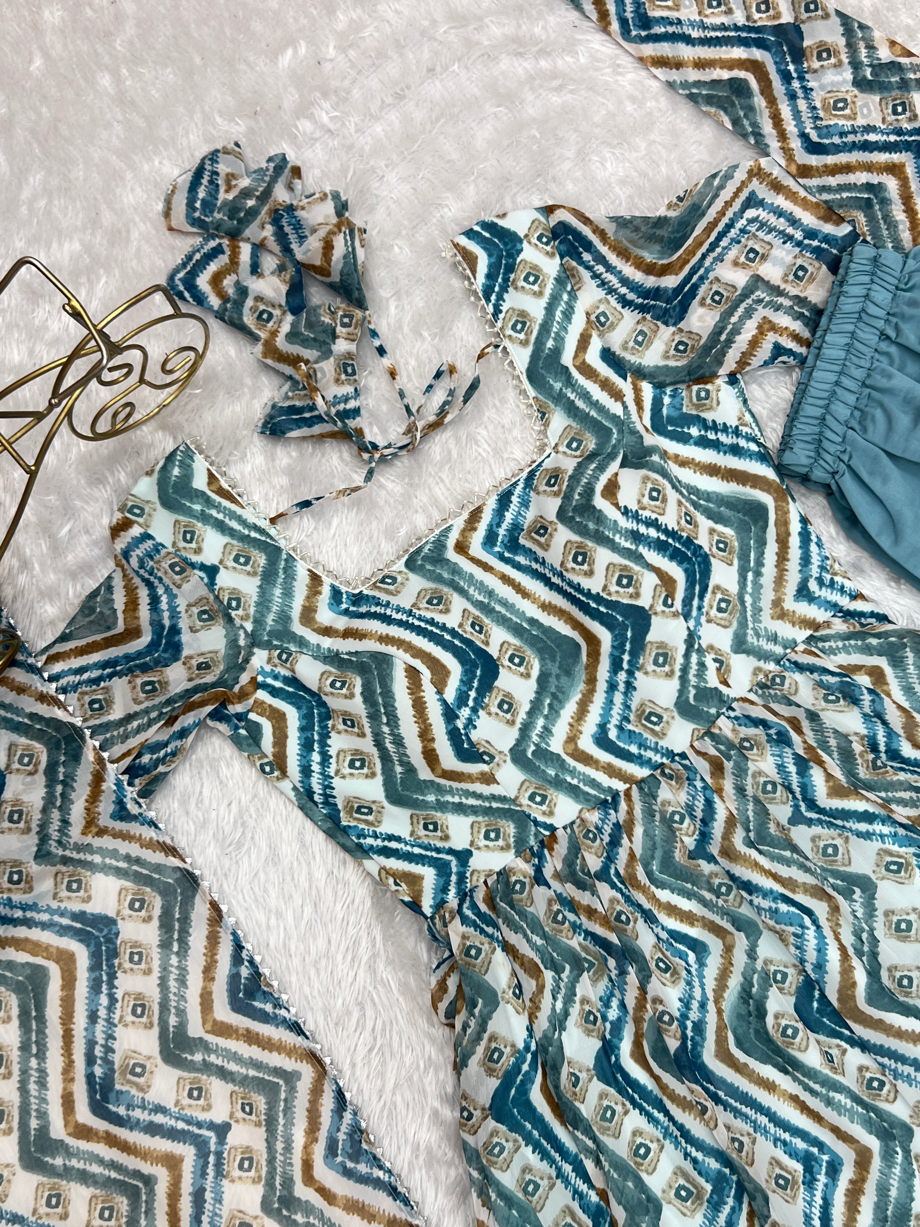 Resplendent Faux Georgette Zigzag Printed Anarkali Pant Suit