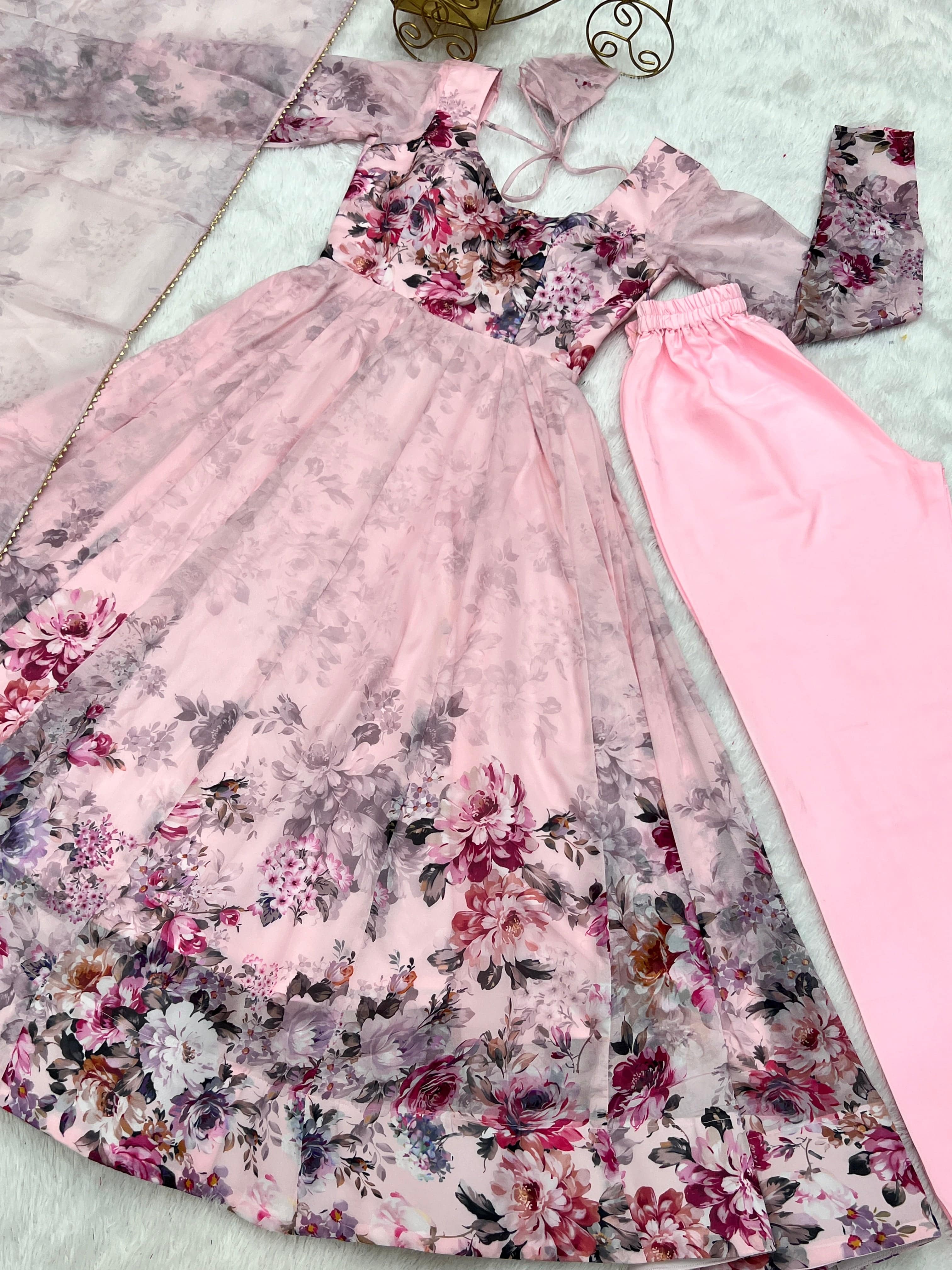Lovely Organza Silk Floral Digital Printed Anarkali Pant Suit