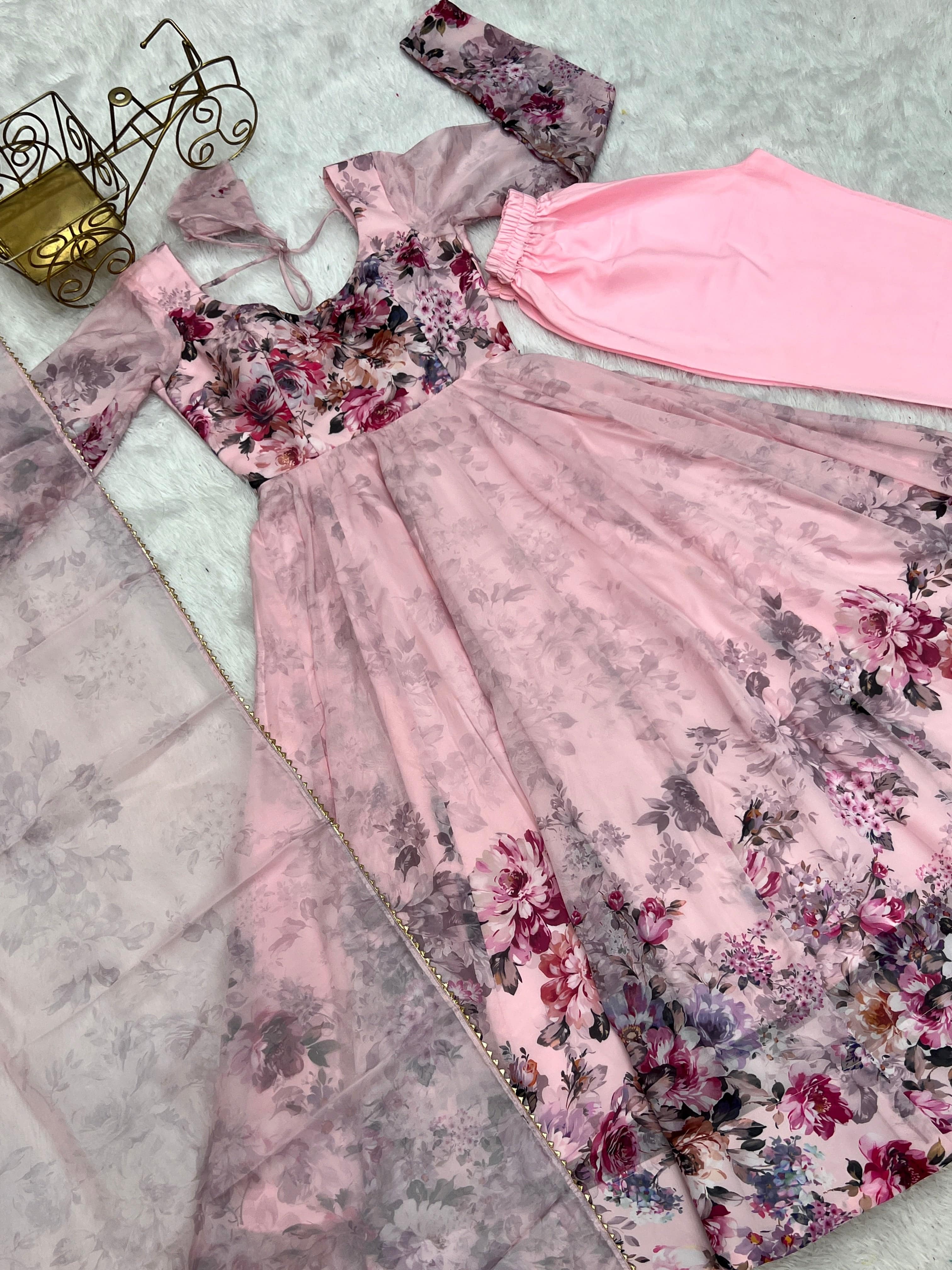 Lovely Organza Silk Floral Digital Printed Anarkali Pant Suit