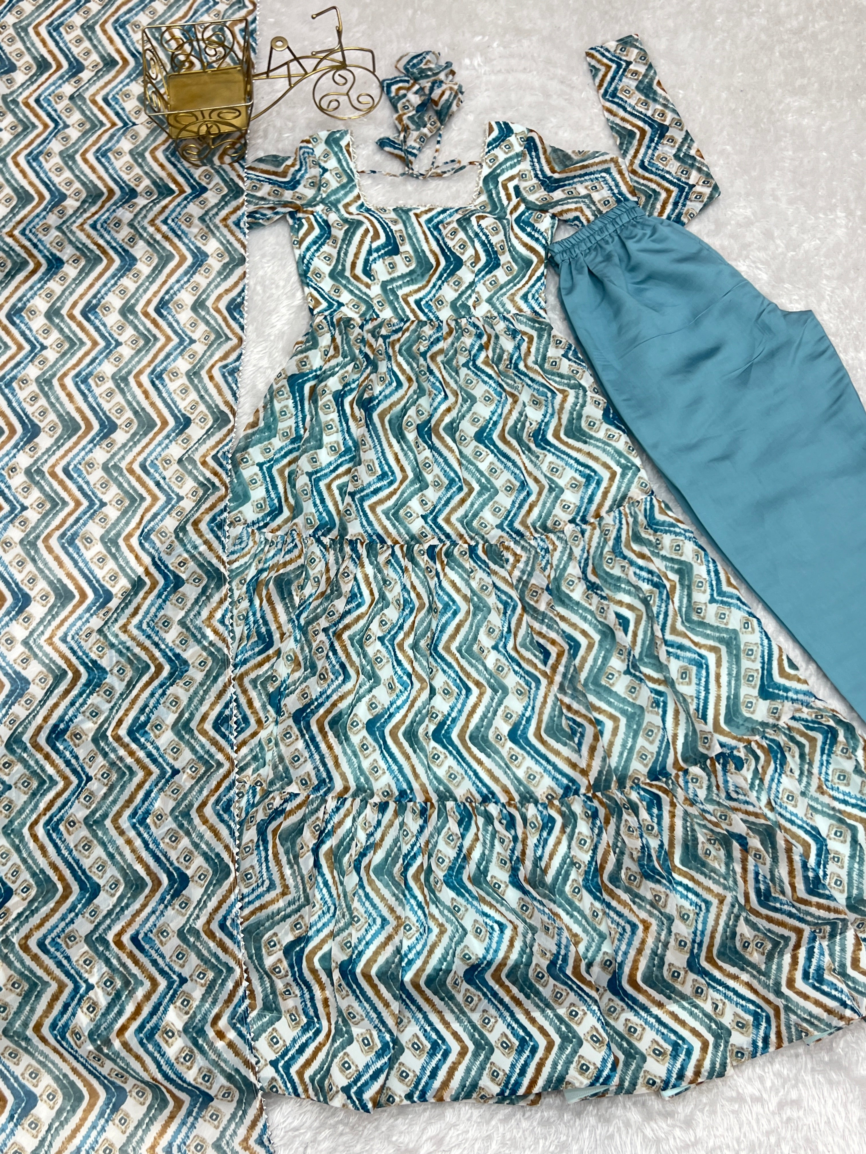 Resplendent Faux Georgette Zigzag Printed Anarkali Pant Suit