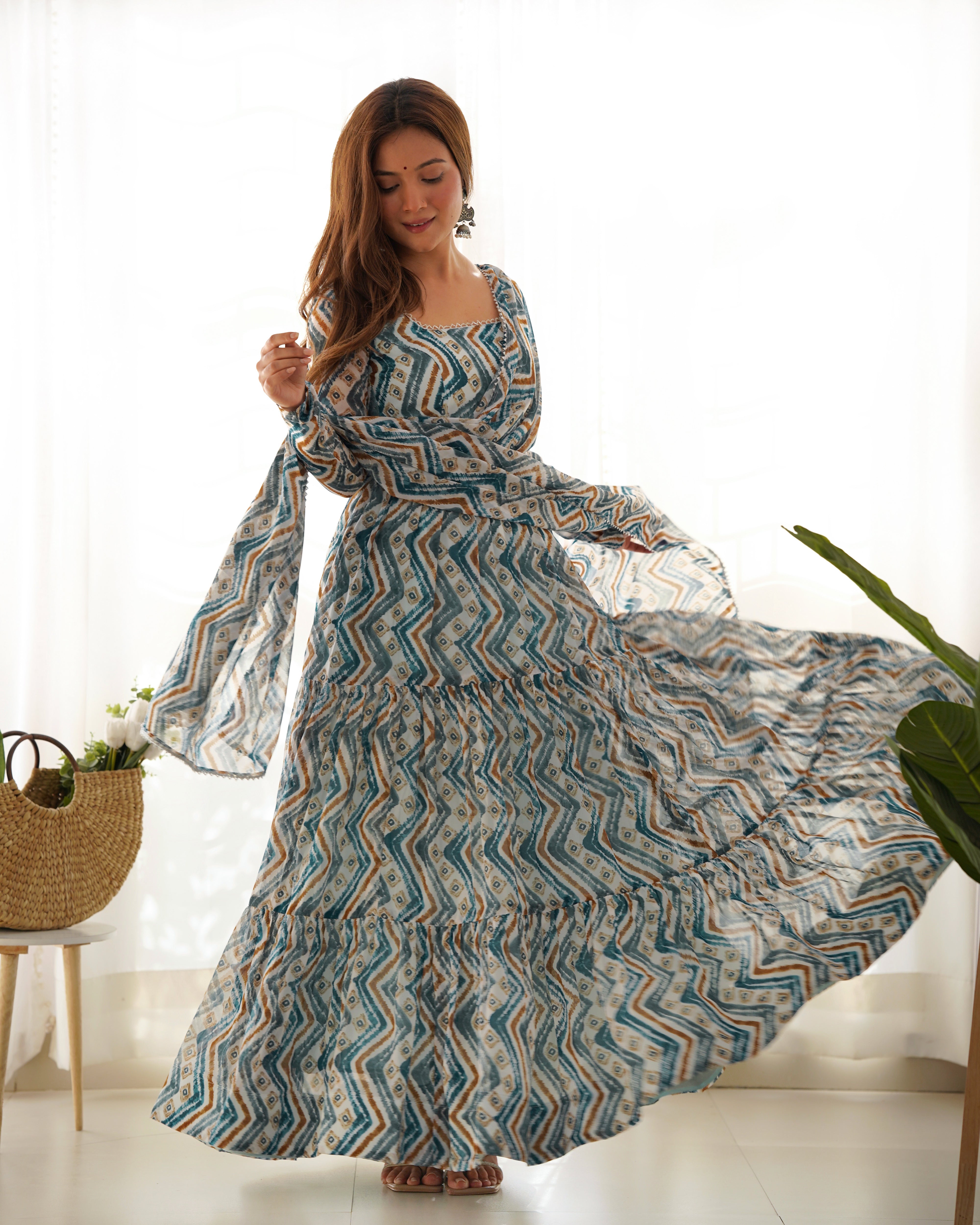 Resplendent Faux Georgette Zigzag Printed Anarkali Pant Suit