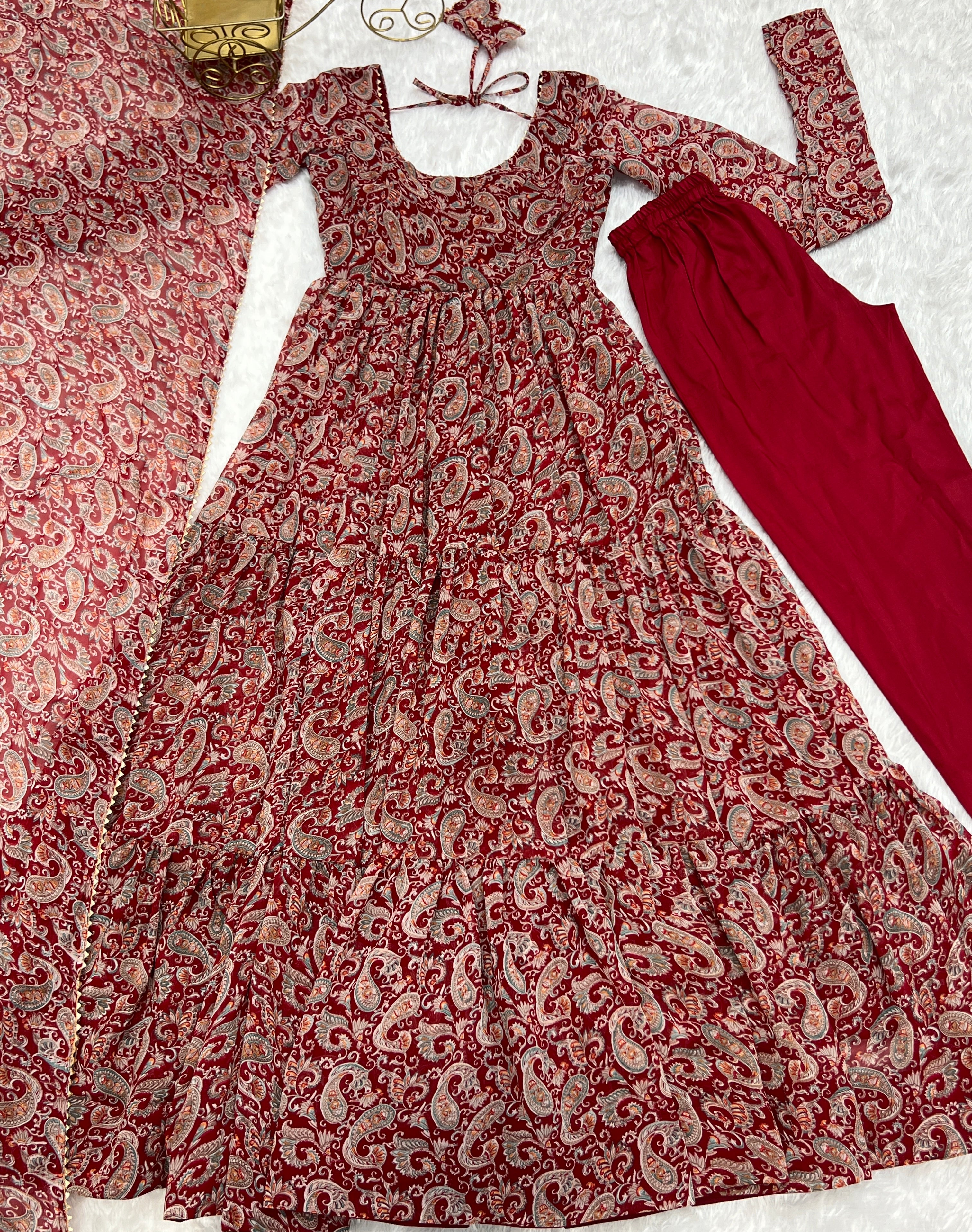 Winsome Faux Georgette Kalamkari Printed Anarkali Pant Suit