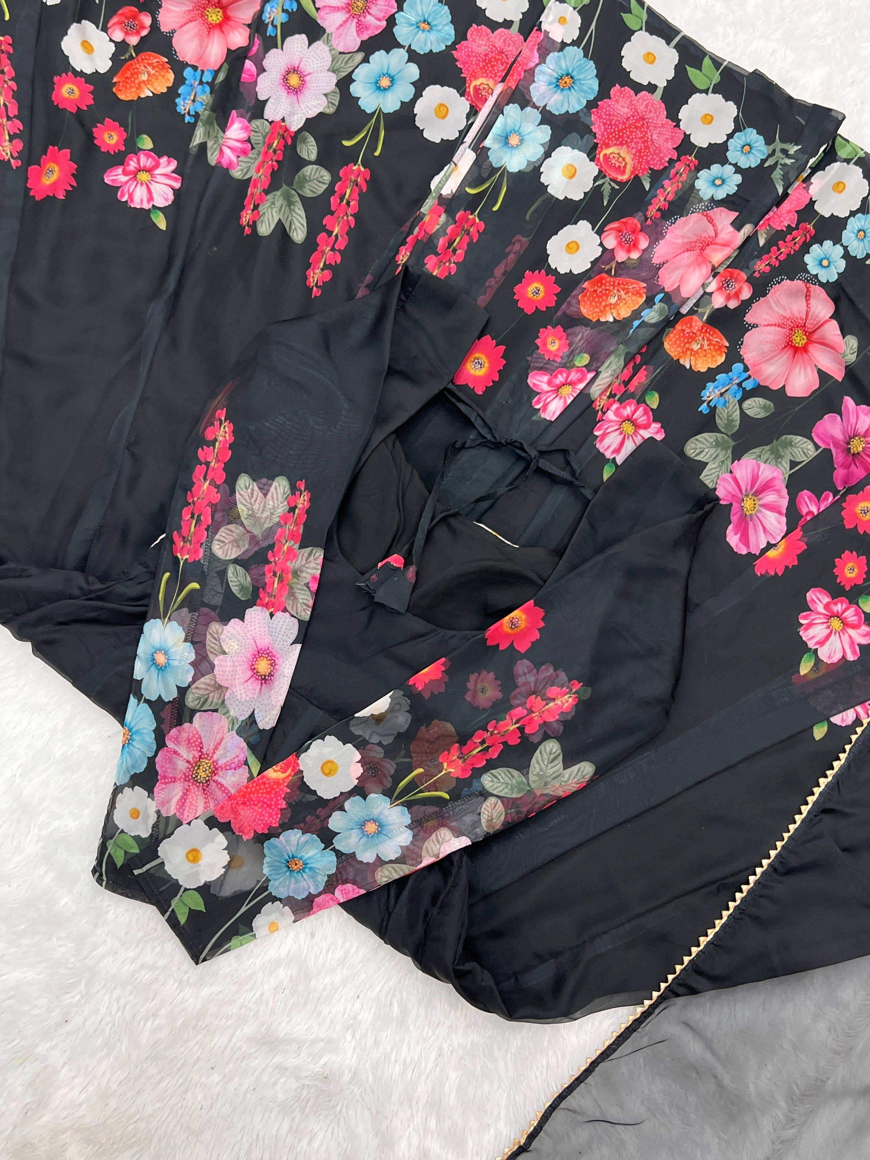 Breathtaking Organza Silk Floral Printed Designer Anarkali Pant Suit