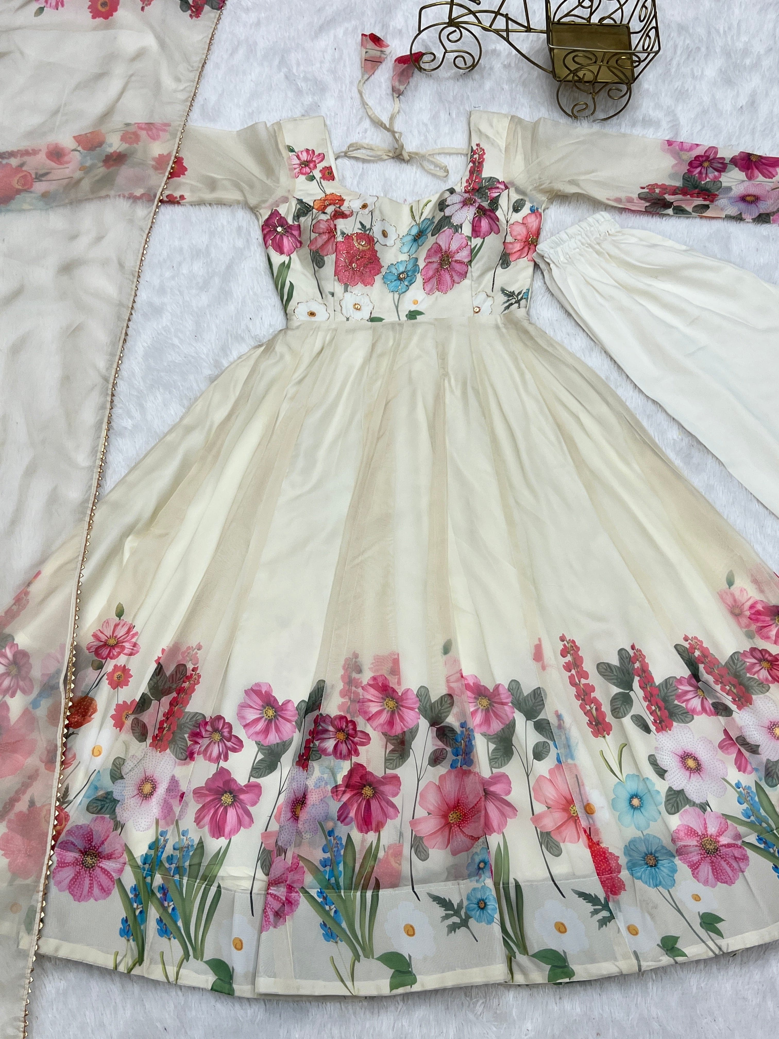 Breathtaking Organza Silk Floral Printed Designer Anarkali Pant Suit