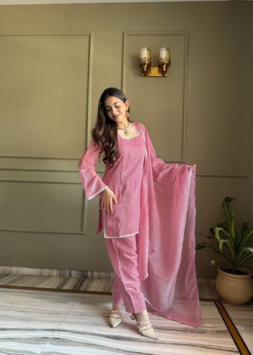 Pink Chinon Silk Sequin Zari Kurta Pant Dupatta Set