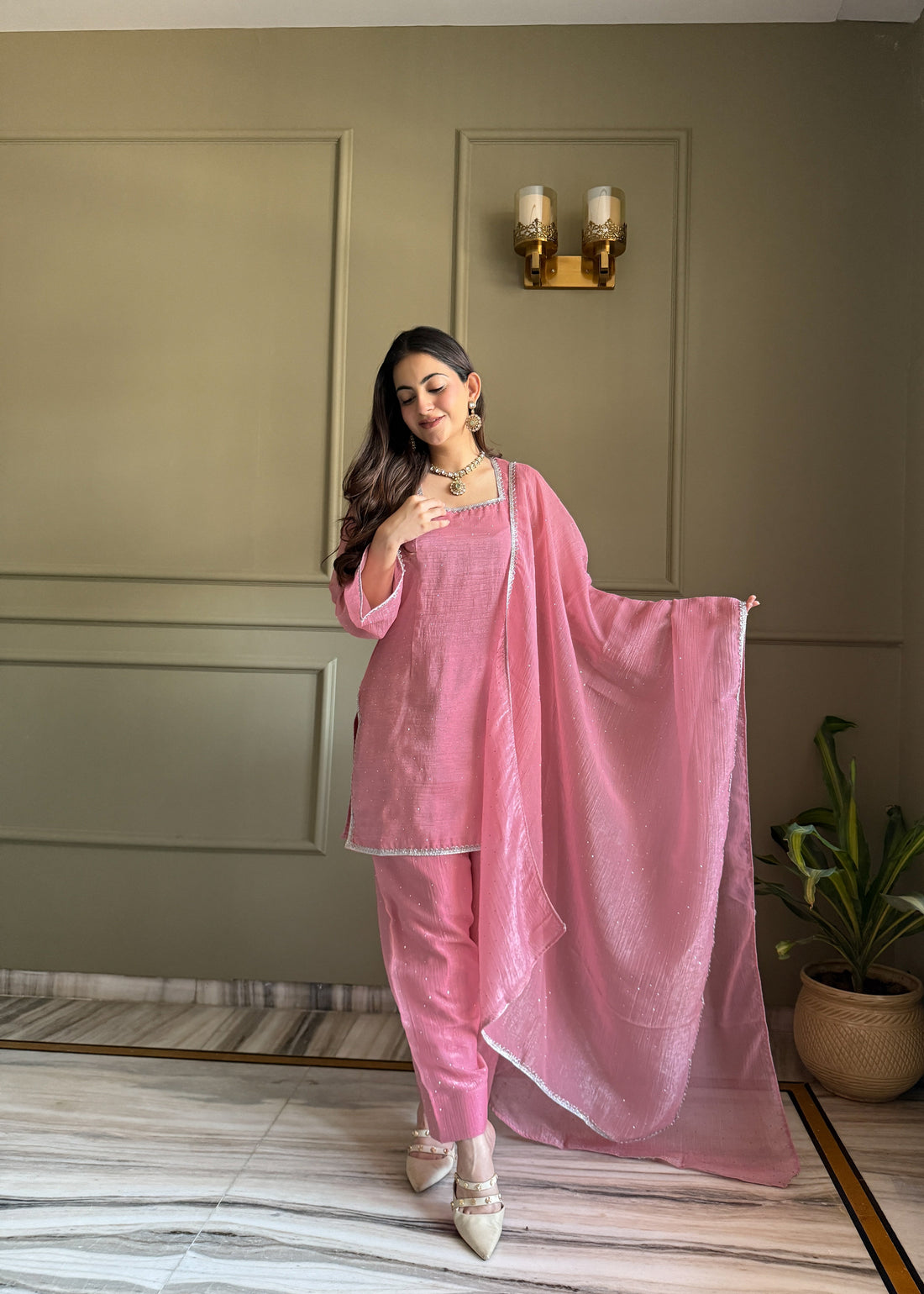 Pink Chinon Silk Sequin Zari Kurta Pant Dupatta Set