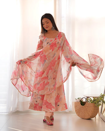 Multi Floral Print Faux Georgette Anarkali Suit Set