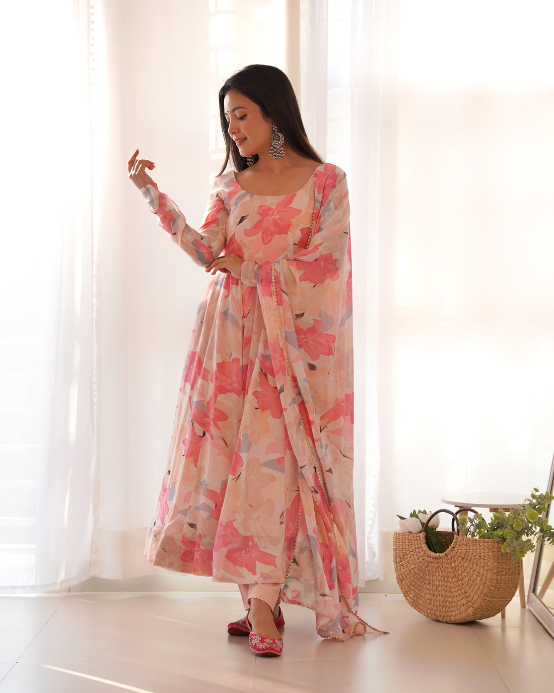 Multi Floral Print Faux Georgette Anarkali Suit Set