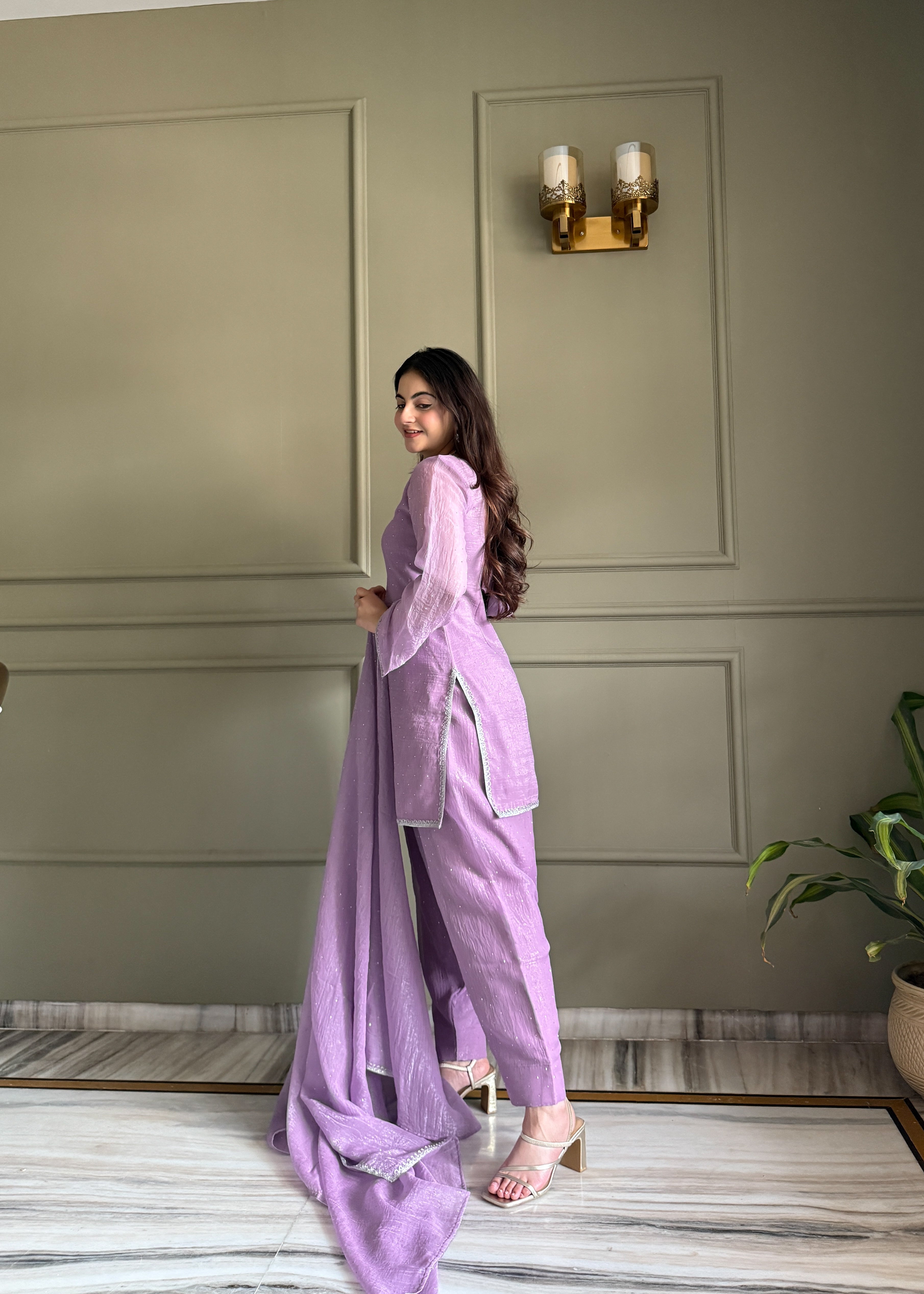 Beautiful Pure Chinon Silk Fabric Straight Fit Kurta, Dupatta With Trouser Set