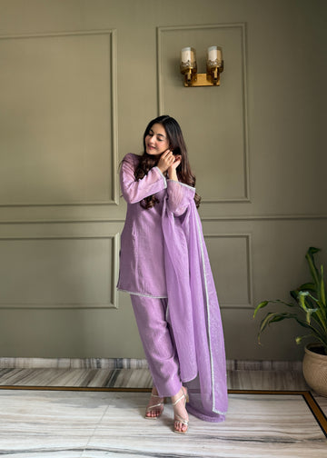 Royal Purple Chinon Silk Sequin Zari Kurta Pant Dupatta Set