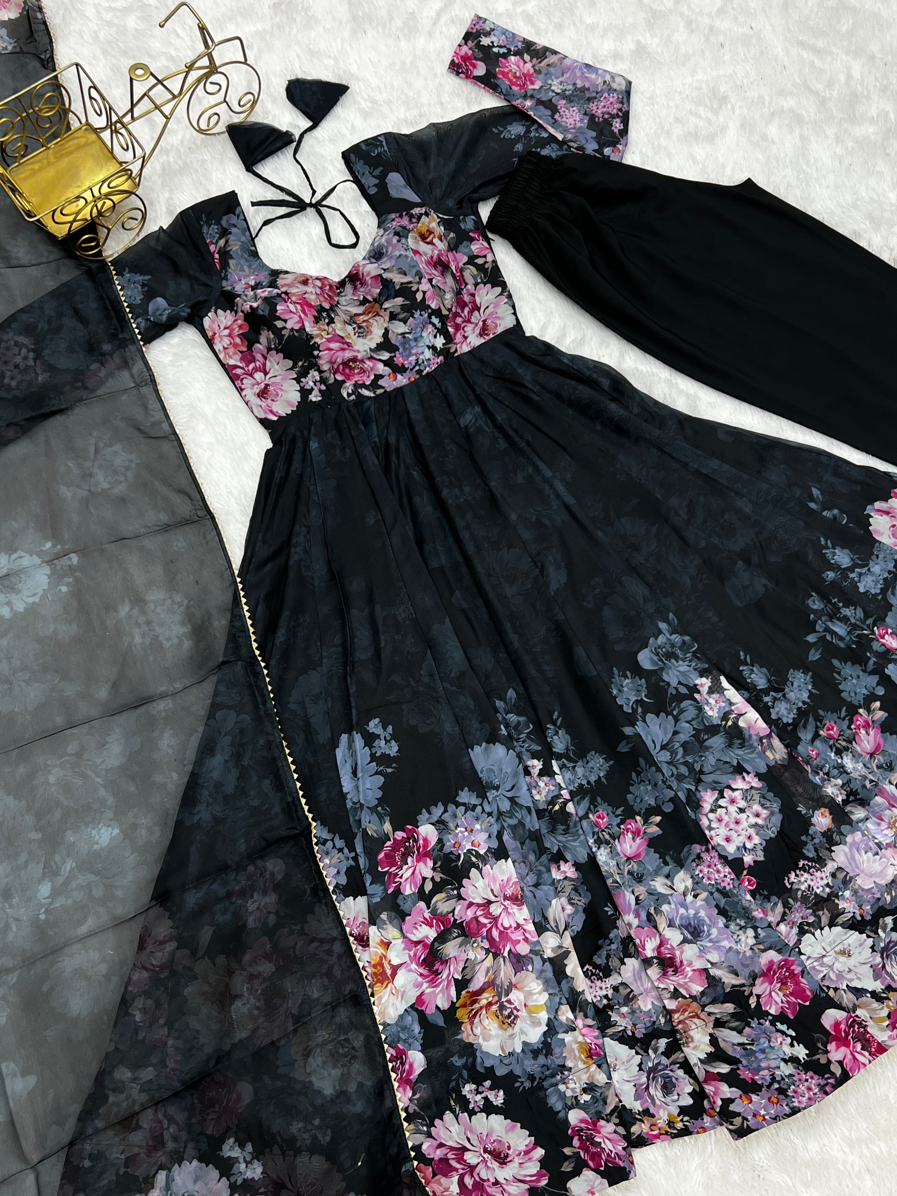 Lovely Organza Silk Floral Digital Printed Anarkali Pant Suit