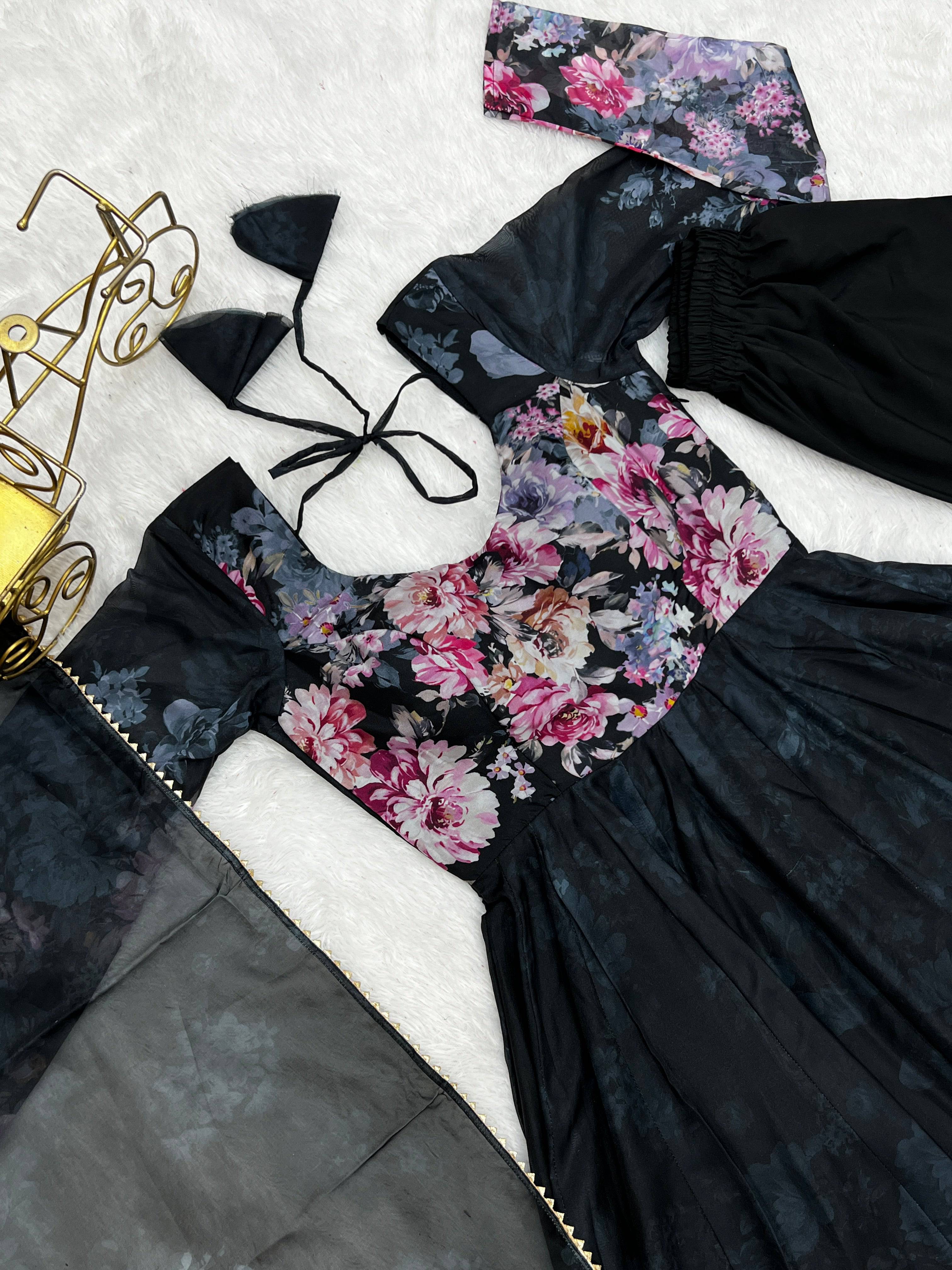 Lovely Organza Silk Floral Digital Printed Anarkali Pant Suit