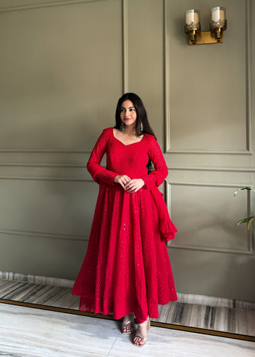 Rani Red Lucknowi Sequin Faux Georgette Anarkali Suit Set