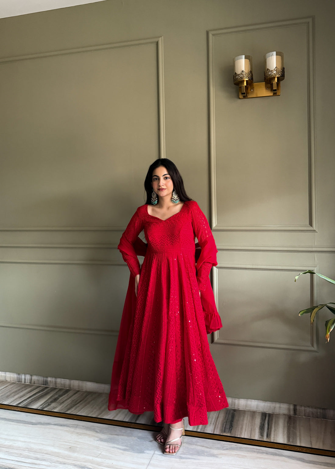 Rani Red Lucknowi Sequin Faux Georgette Anarkali Suit Set
