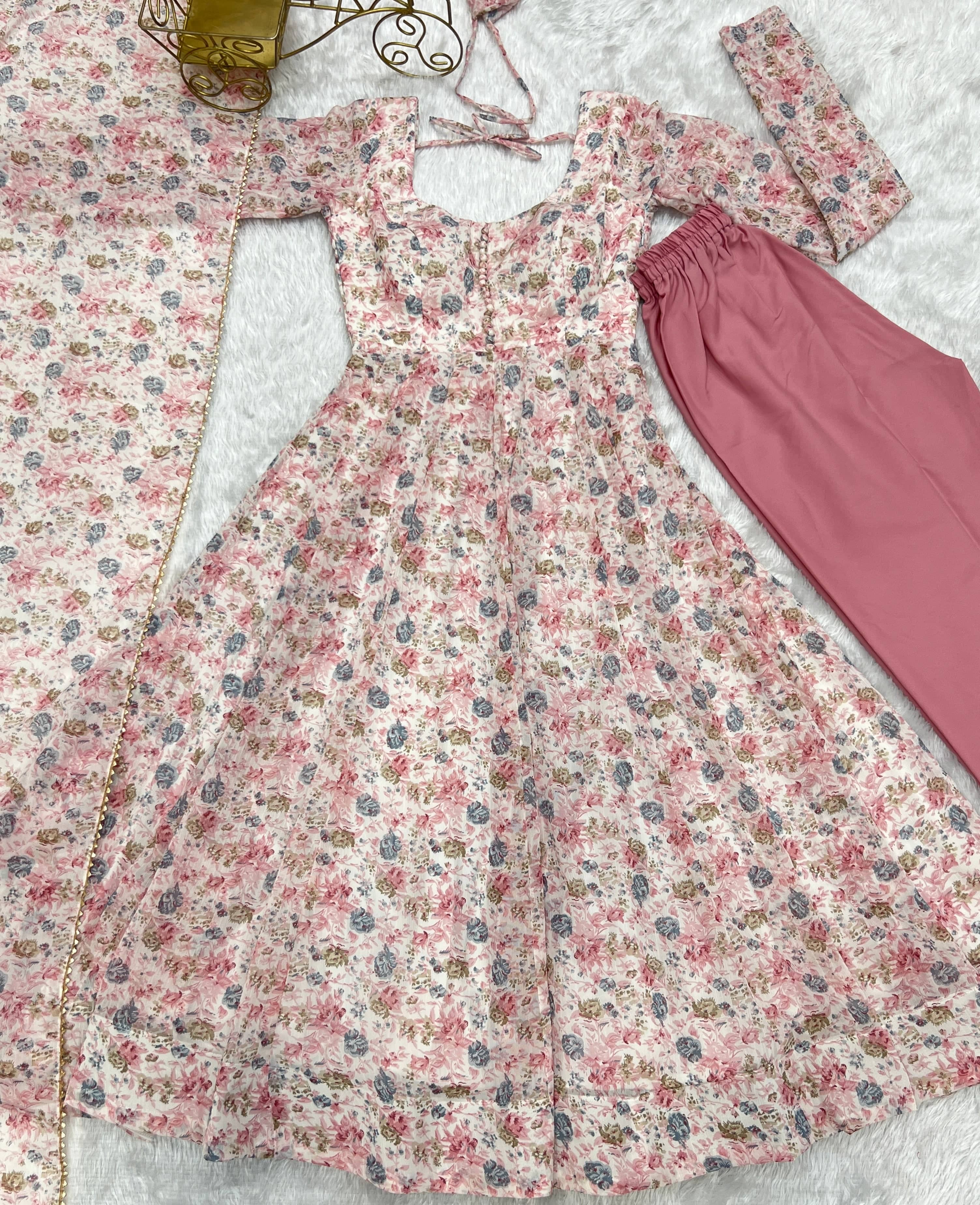 Exquisite Chiffon Floral Digital Printed Fully Stitched Anarkali Pant Suit