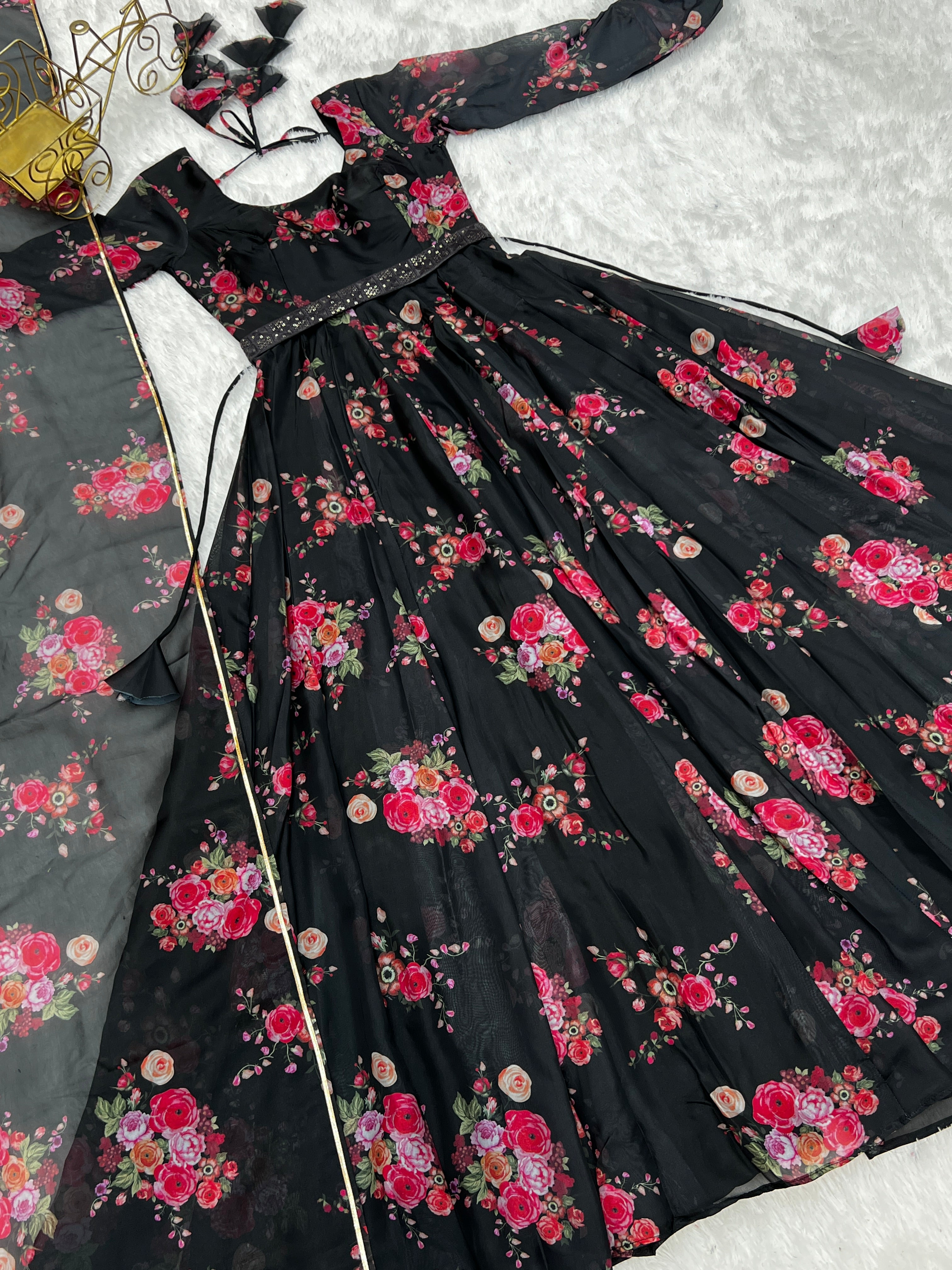 Glamorous Organza Silk Floral Printed Designer Anarkali Pant Suit