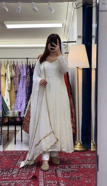 White Lucknowi Embroidered Georgette Anarkali Suit Set