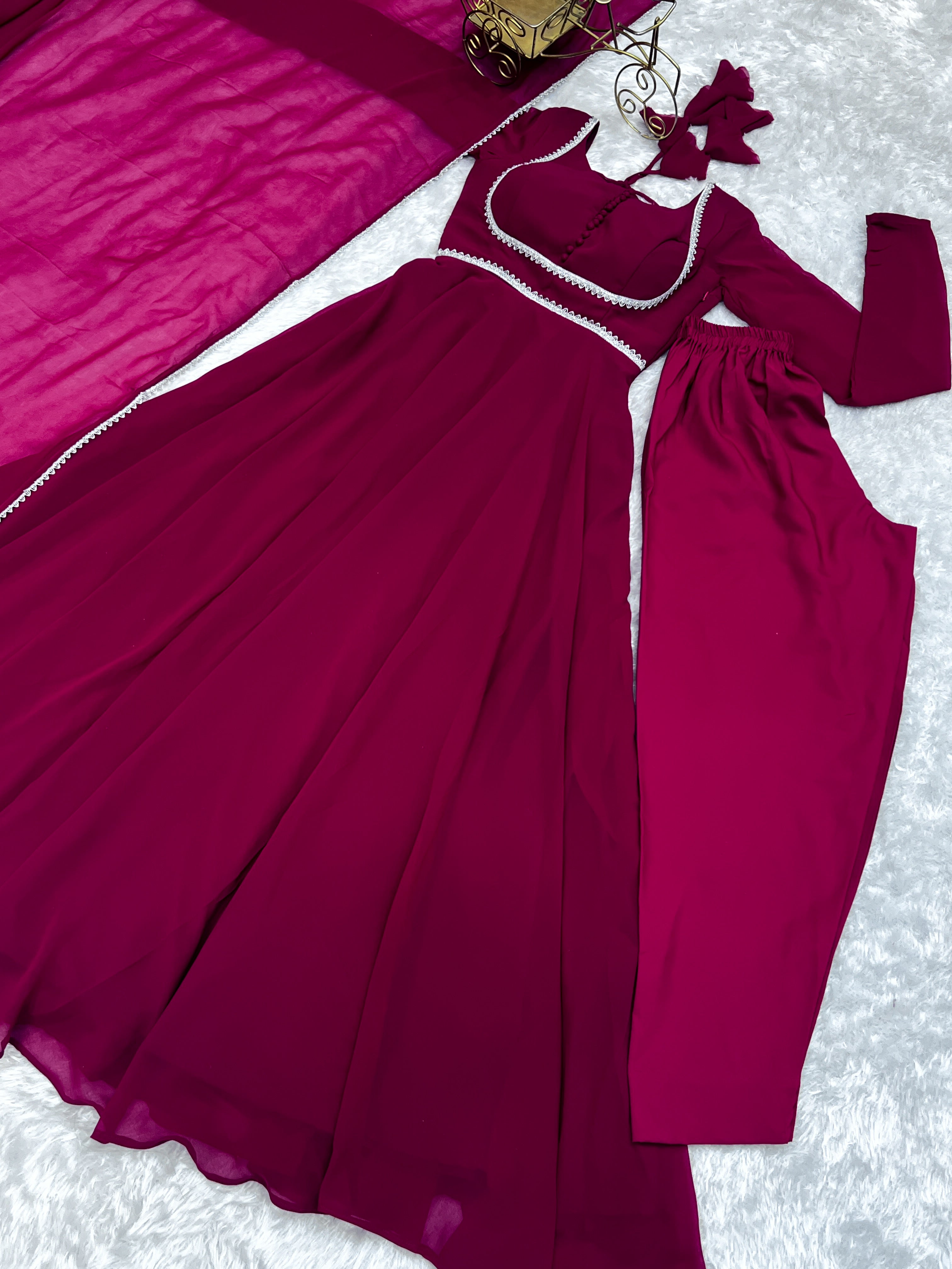 Fetching Faux Georgette Fancy Neck Anarkali Pant Suit